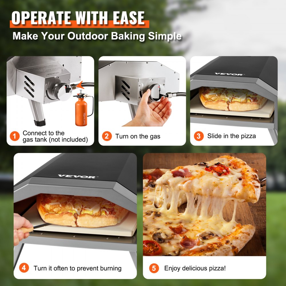 VEVOR Horno de Pizza Portátil 330 mm de Acero Inoxidable Horno Portátil de Gas para Exteriores con Piedra de Pizza Plegable Cocción Rápida 540 °C para Cocinar Pan Camping Barbacoa Jardín Patio