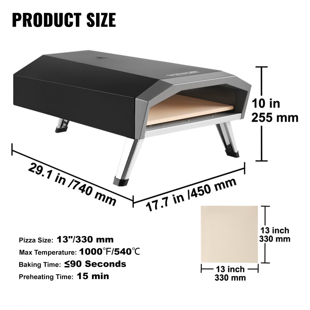 VEVOR Horno de Pizza Portátil 330 mm de Acero Inoxidable Horno Portátil de Gas para Exteriores con Piedra de Pizza Plegable Cocción Rápida 540 °C para Cocinar Pan Camping Barbacoa Jardín Patio