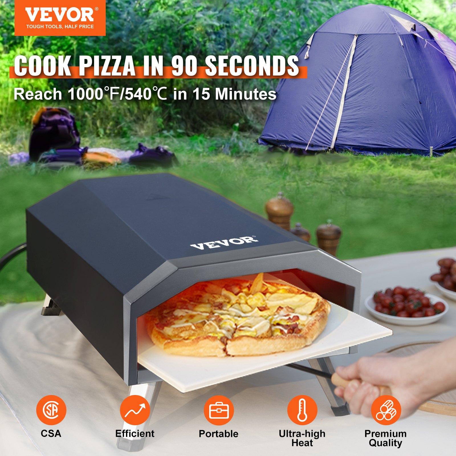 VEVOR Horno de Pizza Portátil 330 mm de Acero Inoxidable Horno Portátil de Gas para Exteriores con Piedra de Pizza Plegable Cocción Rápida 540 °C para Cocinar Pan Camping Barbacoa Jardín Patio