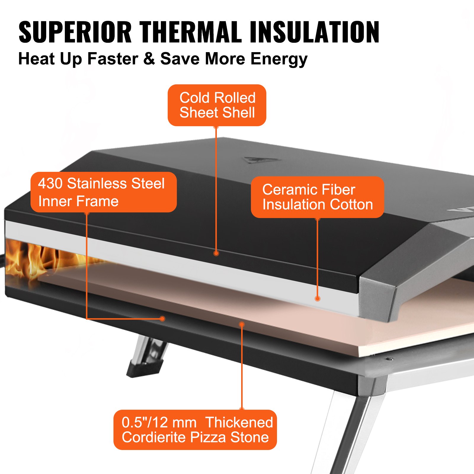 VEVOR Horno de Pizza Portátil 330 mm de Acero Inoxidable Horno Portátil de Gas para Exteriores con Piedra de Pizza Plegable Cocción Rápida 540 °C para Cocinar Pan Camping Barbacoa Jardín Patio