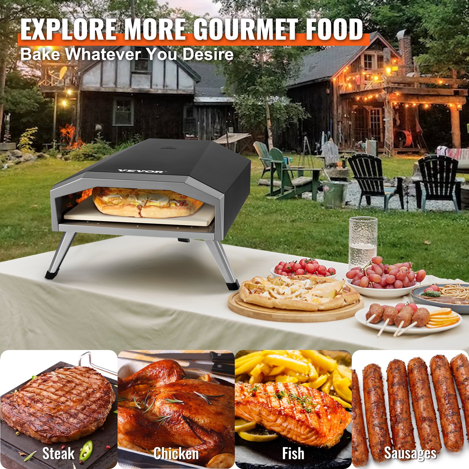 VEVOR Horno de Pizza Portátil 330 mm de Acero Inoxidable Horno Portátil de Gas para Exteriores con Piedra de Pizza Plegable Cocción Rápida 540 °C para Cocinar Pan Camping Barbacoa Jardín Patio