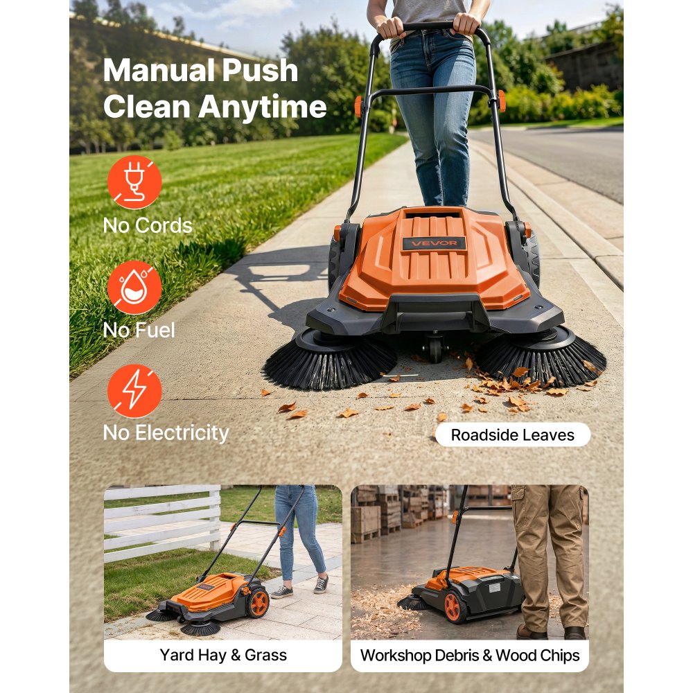 VEVOR Barredora Manual, Ancho de Barrido de 650 mm, Barredora de Empuje con Cepillos Laterales, Depósito de 18,9 L, Mango Ergonómico y Plegable, para Limpieza de Jardín Patios Aceras, Color Naranja