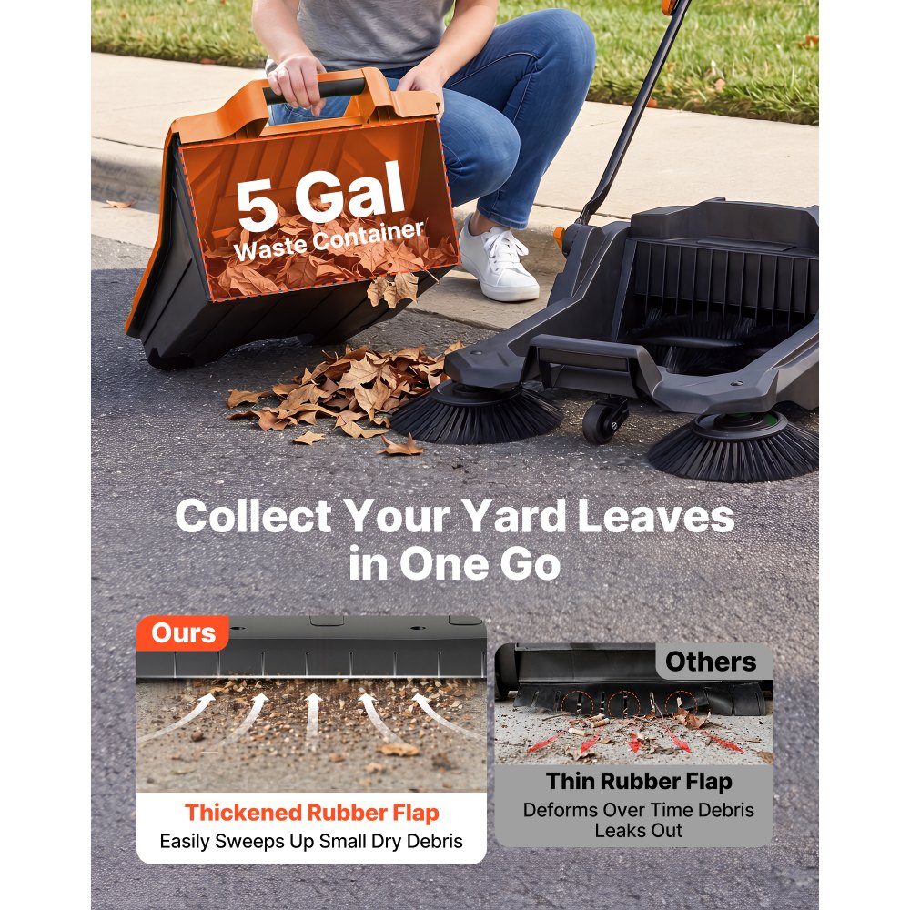 VEVOR Barredora Manual, Ancho de Barrido de 650 mm, Barredora de Empuje con Cepillos Laterales, Depósito de 18,9 L, Mango Ergonómico y Plegable, para Limpieza de Jardín Patios Aceras, Color Naranja
