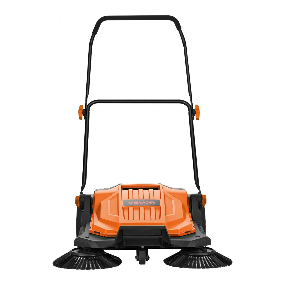 VEVOR Barredora Manual, Ancho de Barrido de 650 mm, Barredora de Empuje con Cepillos Laterales, Depósito de 18,9 L, Mango Ergonómico y Plegable, para Limpieza de Jardín Patios Aceras, Color Naranja