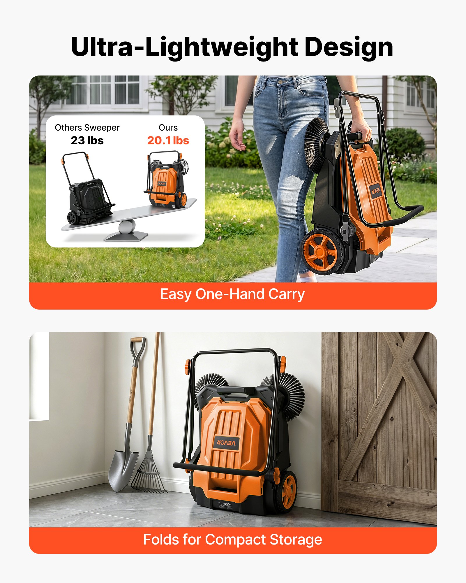 VEVOR Barredora Manual, Ancho de Barrido de 650 mm, Barredora de Empuje con Cepillos Laterales, Depósito de 18,9 L, Mango Ergonómico y Plegable, para Limpieza de Jardín Patios Aceras, Color Naranja