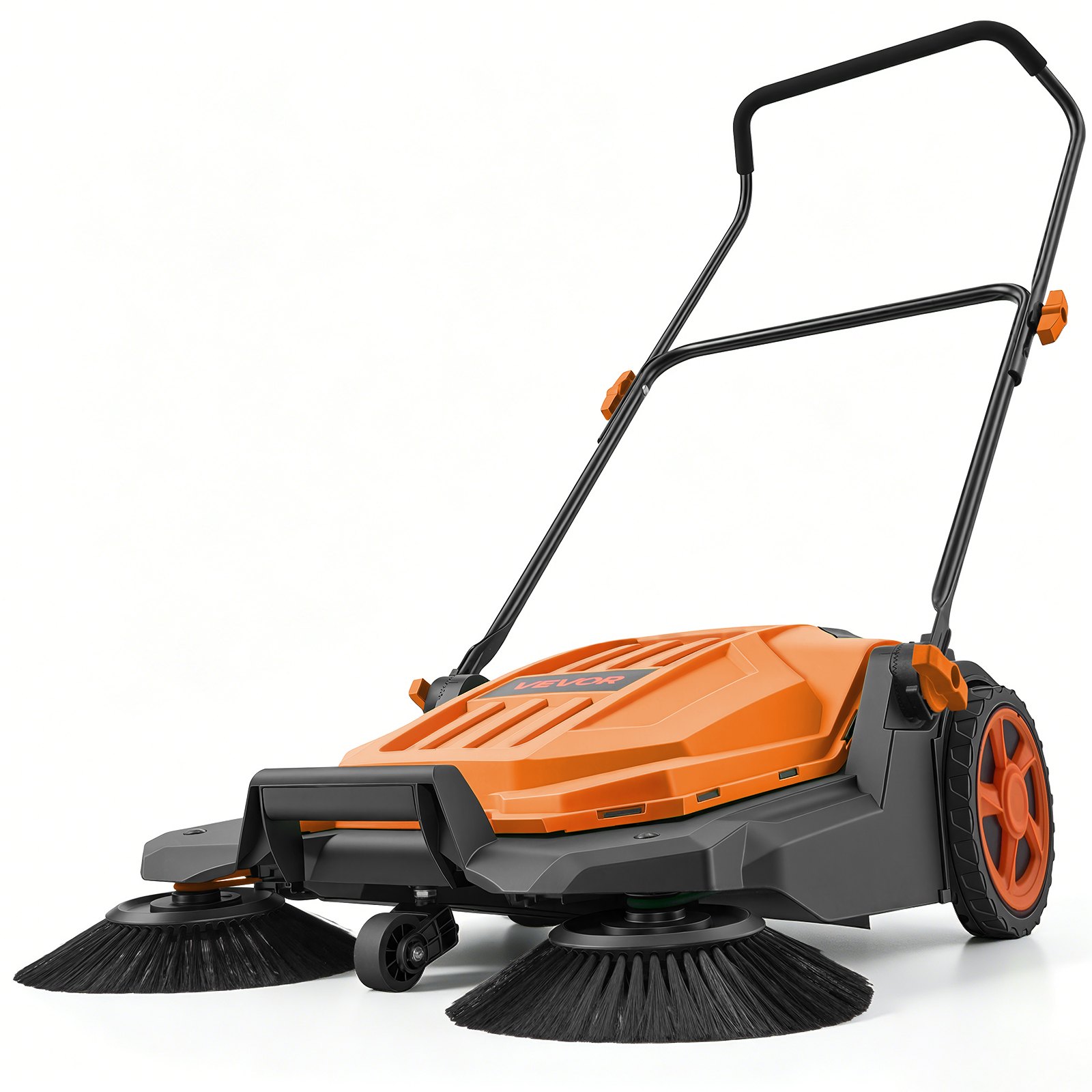 VEVOR Barredora Manual, Ancho de Barrido de 650 mm, Barredora de Empuje con Cepillos Laterales, Depósito de 18,9 L, Mango Ergonómico y Plegable, para Limpieza de Jardín Patios Aceras, Color Naranja