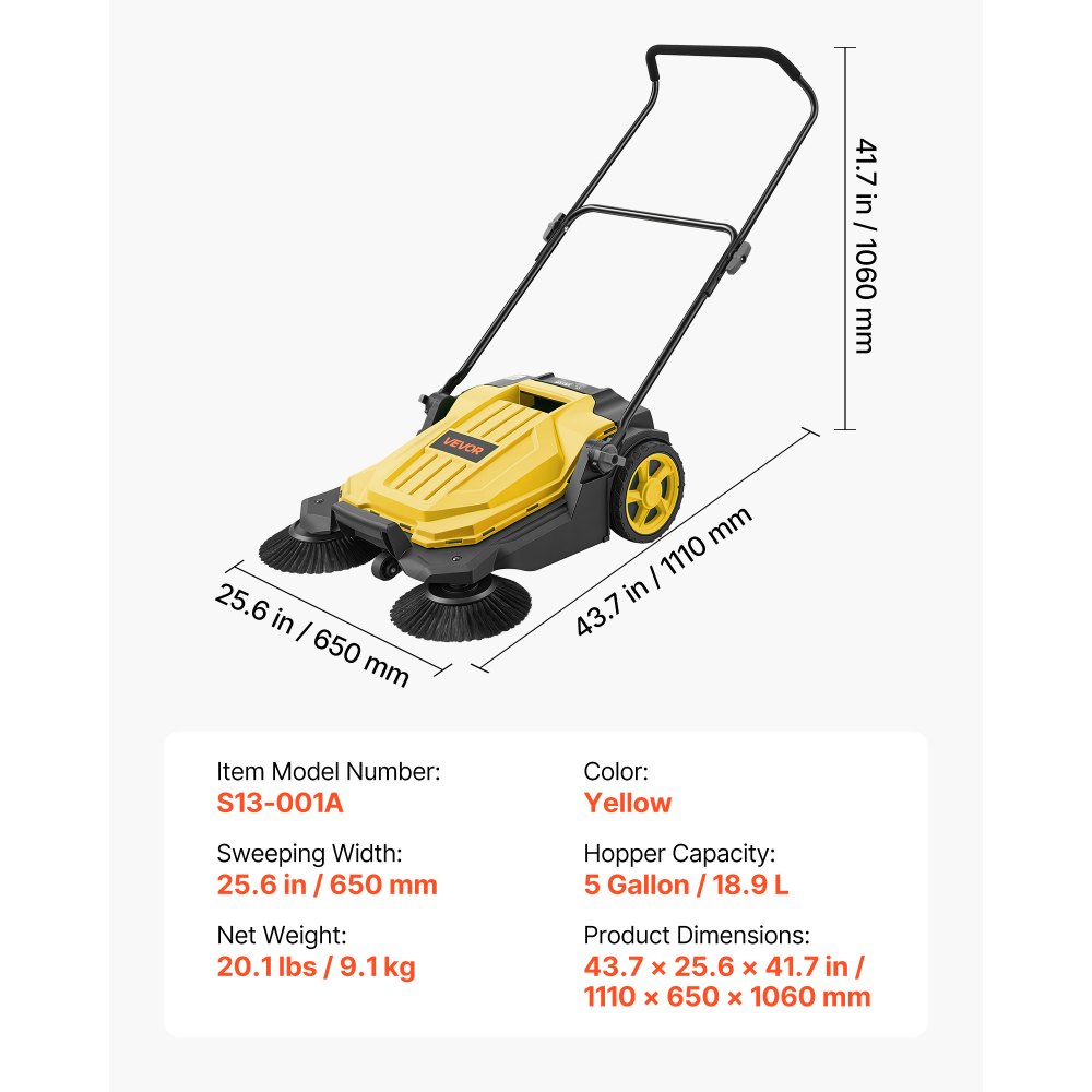 VEVOR Barredora Manual, Ancho de Trabajo 650 mm, Barredora de Empuje para Suelo, Contenedor de 18,9 L, Mango Ergonómico y Ajustable, Limpieza de Residuos para Jardín Patio Pasarela, Color Amarillo