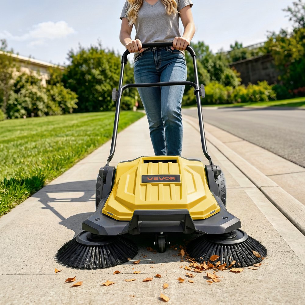 VEVOR Barredora Manual, Ancho de Trabajo 650 mm, Barredora de Empuje para Suelo, Contenedor de 18,9 L, Mango Ergonómico y Ajustable, Limpieza de Residuos para Jardín Patio Pasarela, Color Amarillo