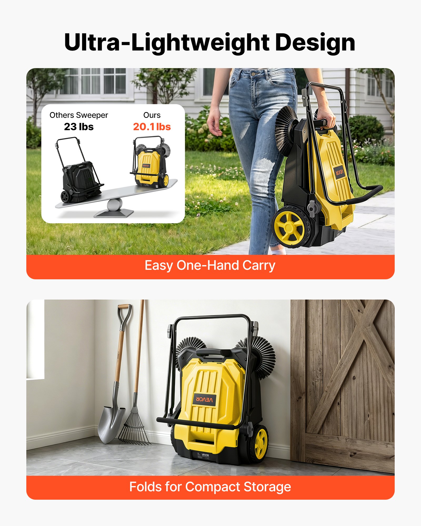 VEVOR Barredora Manual, Ancho de Trabajo 650 mm, Barredora de Empuje para Suelo, Contenedor de 18,9 L, Mango Ergonómico y Ajustable, Limpieza de Residuos para Jardín Patio Pasarela, Color Amarillo
