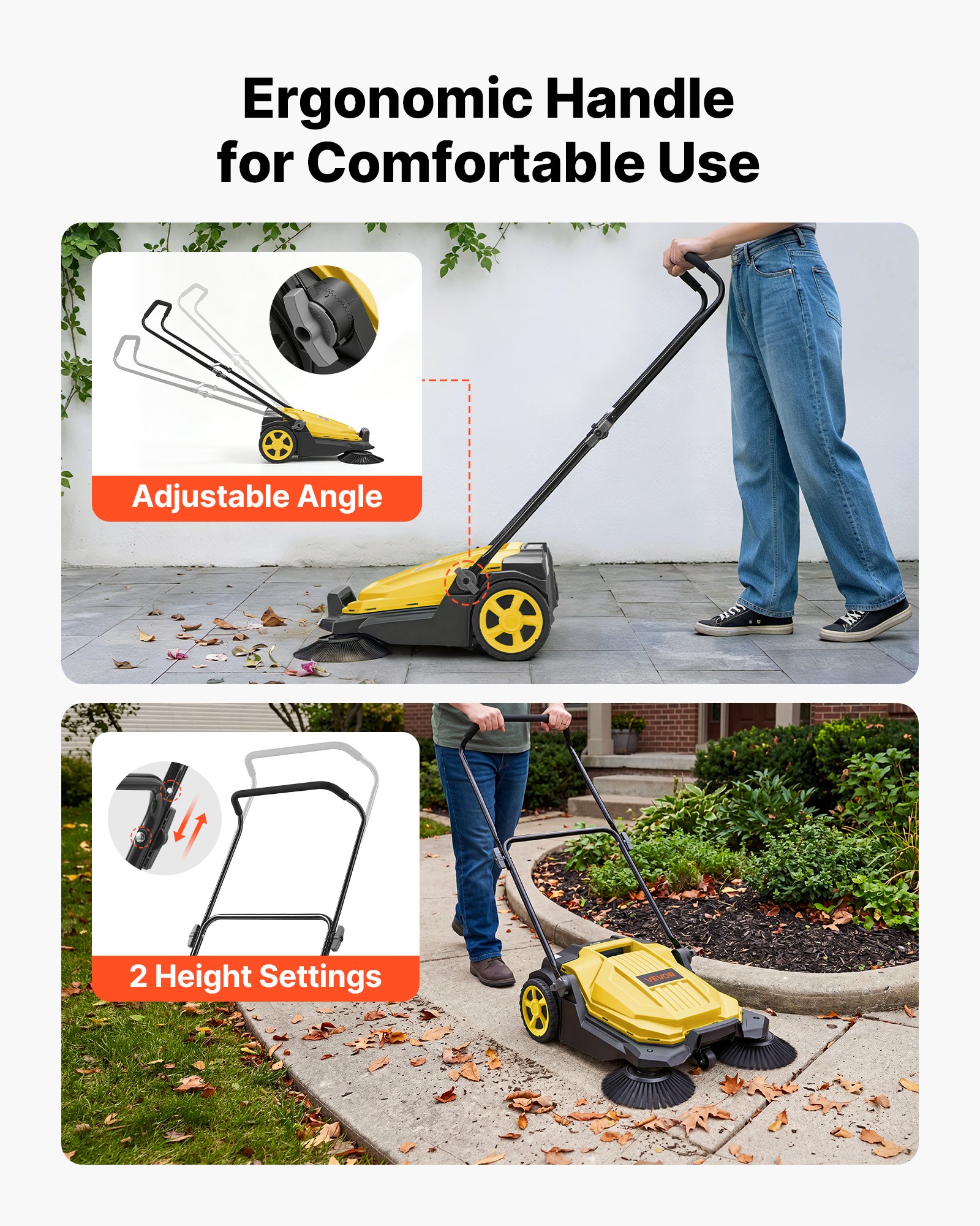 VEVOR Barredora Manual, Ancho de Trabajo 650 mm, Barredora de Empuje para Suelo, Contenedor de 18,9 L, Mango Ergonómico y Ajustable, Limpieza de Residuos para Jardín Patio Pasarela, Color Amarillo