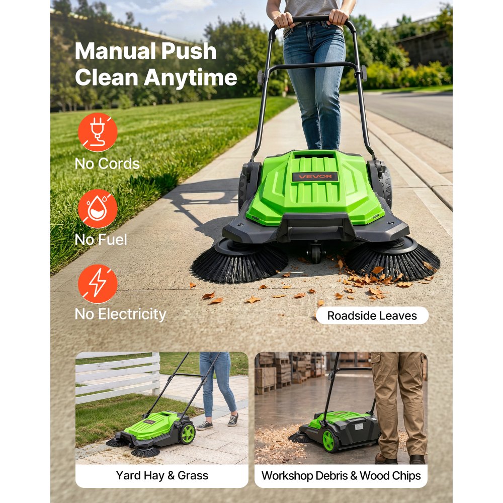 VEVOR Barredora Manual, Ancho de Barrido de 650 mm, Barredora de Empuje sin Cable, con Contenedor de Residuo de 18,9 L, Mango Ergónomico y Ajustable, Limpieza para Jardín Patio Aceras, Color Verde