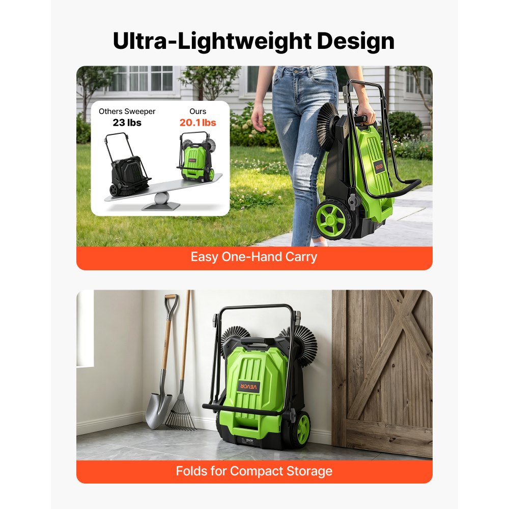 VEVOR Barredora Manual, Ancho de Barrido de 650 mm, Barredora de Empuje sin Cable, con Contenedor de Residuo de 18,9 L, Mango Ergónomico y Ajustable, Limpieza para Jardín Patio Aceras, Color Verde