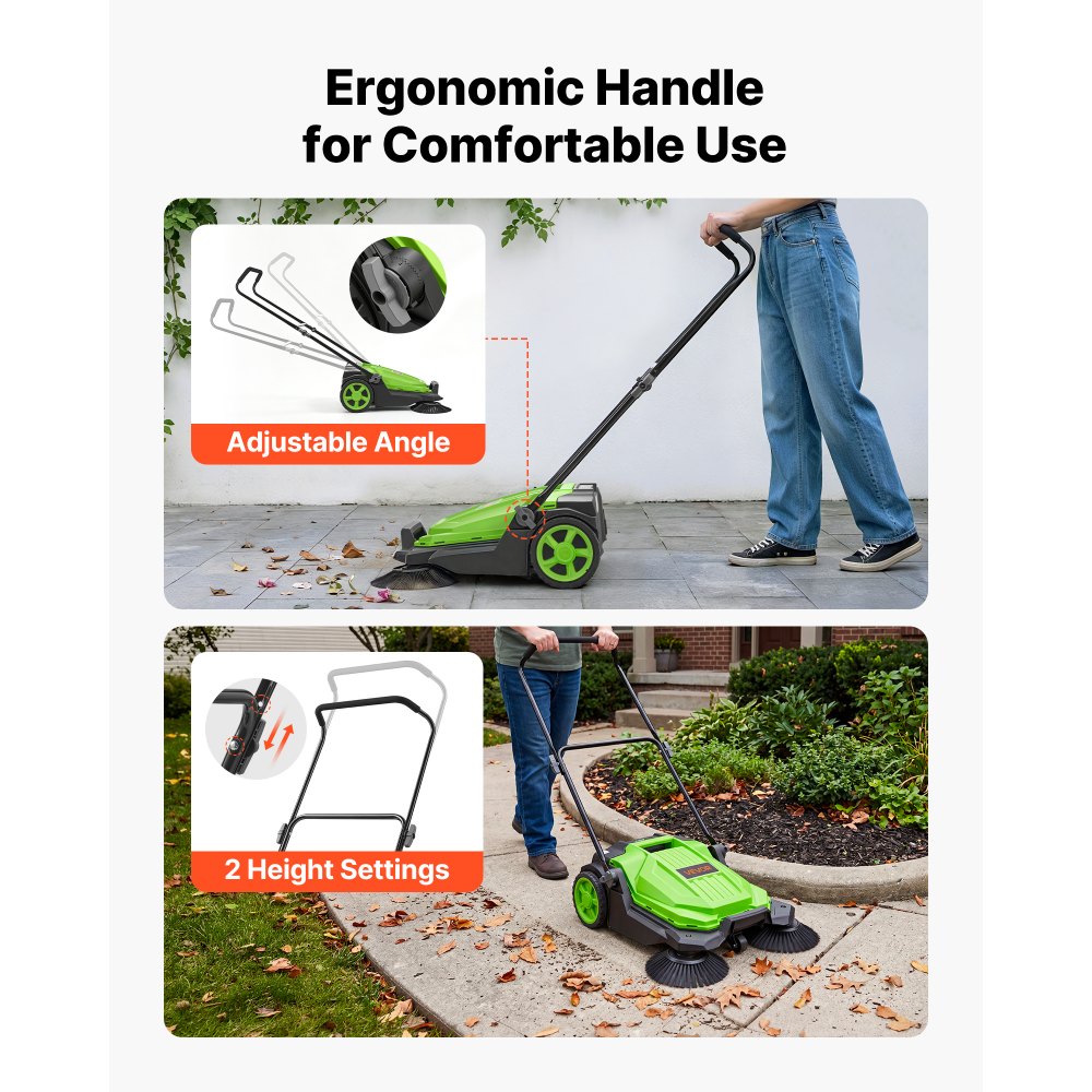 VEVOR Barredora Manual, Ancho de Barrido de 650 mm, Barredora de Empuje sin Cable, con Contenedor de Residuo de 18,9 L, Mango Ergónomico y Ajustable, Limpieza para Jardín Patio Aceras, Color Verde