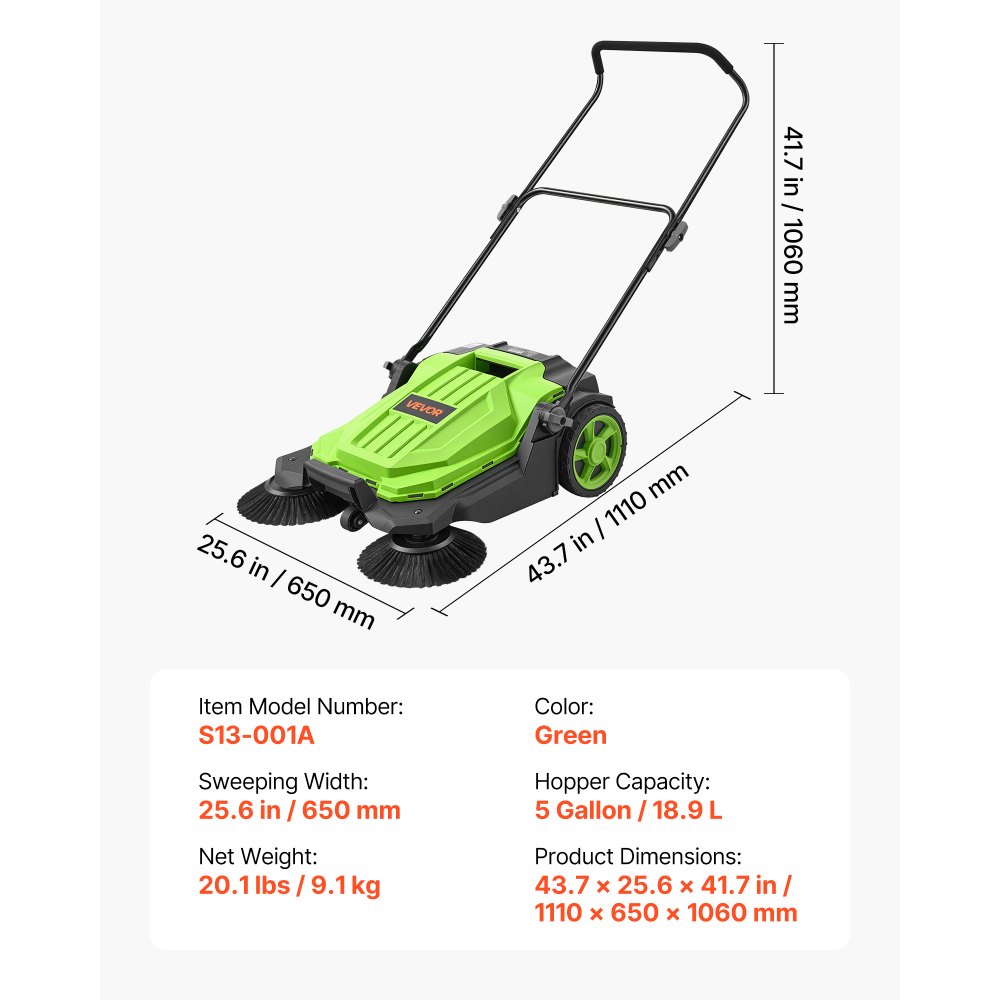 VEVOR Barredora Manual, Ancho de Barrido de 650 mm, Barredora de Empuje sin Cable, con Contenedor de Residuo de 18,9 L, Mango Ergónomico y Ajustable, Limpieza para Jardín Patio Aceras, Color Verde