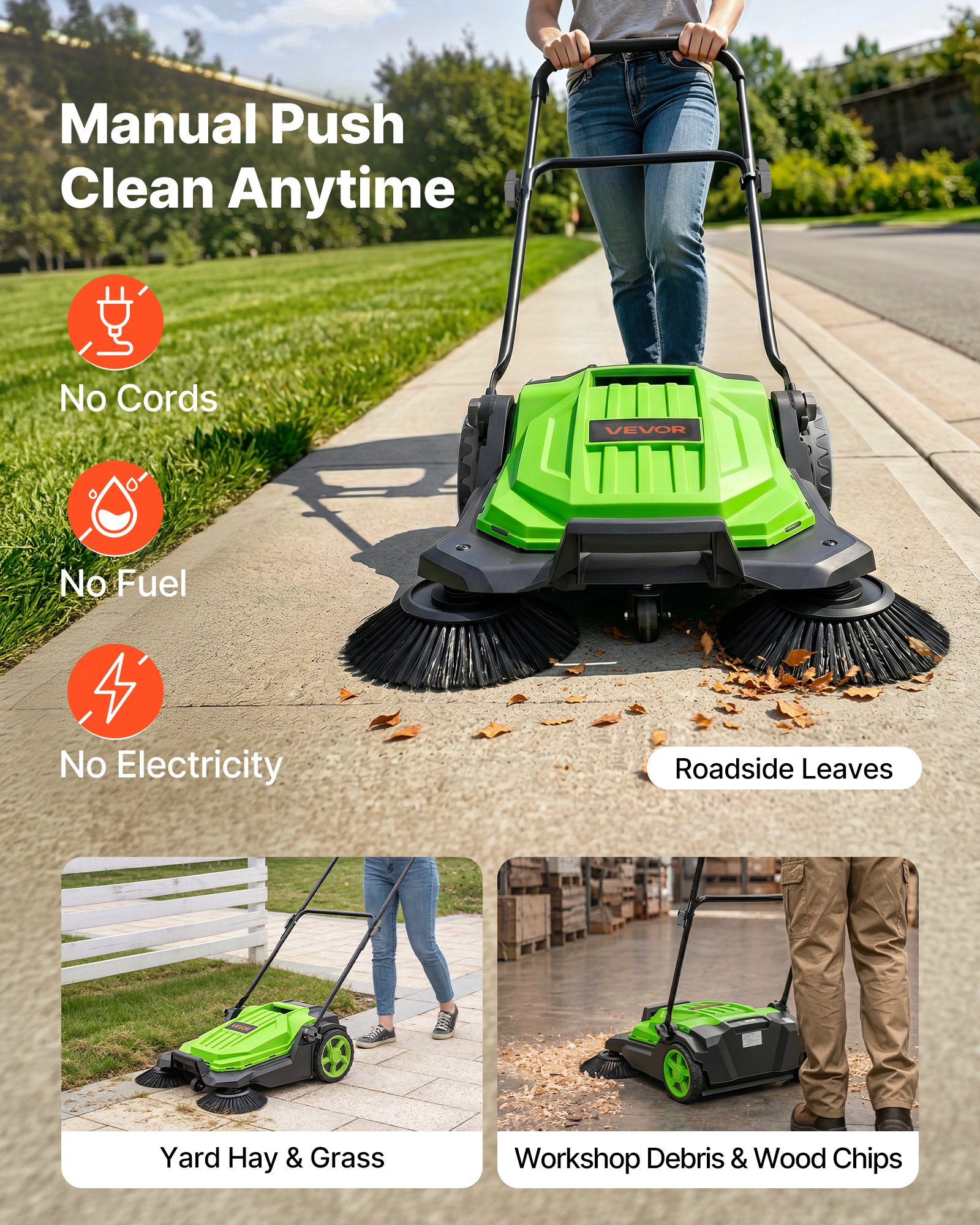 VEVOR Barredora Manual, Ancho de Barrido de 650 mm, Barredora de Empuje sin Cable, con Contenedor de Residuo de 18,9 L, Mango Ergónomico y Ajustable, Limpieza para Jardín Patio Aceras, Color Verde
