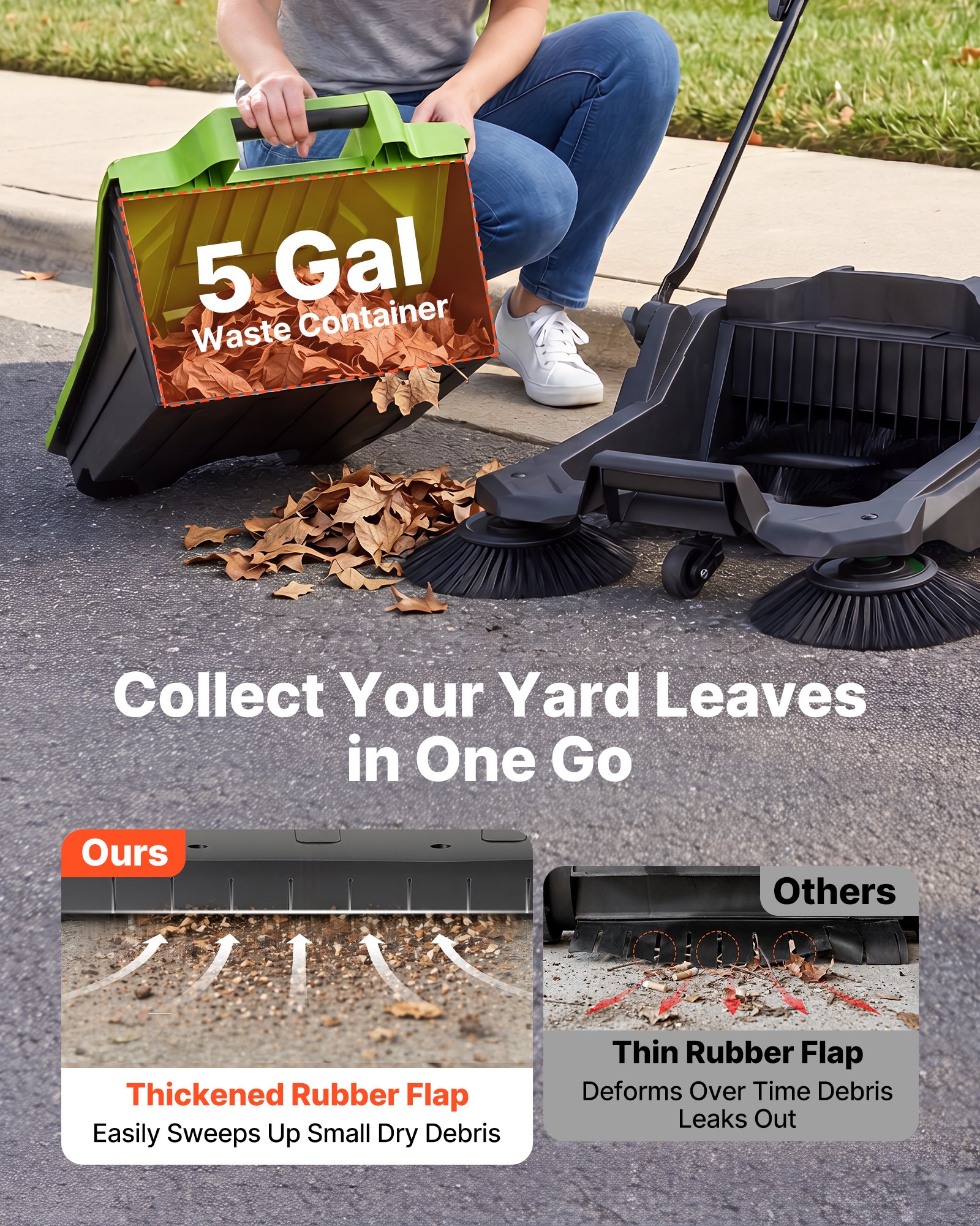 VEVOR Barredora Manual, Ancho de Barrido de 650 mm, Barredora de Empuje sin Cable, con Contenedor de Residuo de 18,9 L, Mango Ergónomico y Ajustable, Limpieza para Jardín Patio Aceras, Color Verde