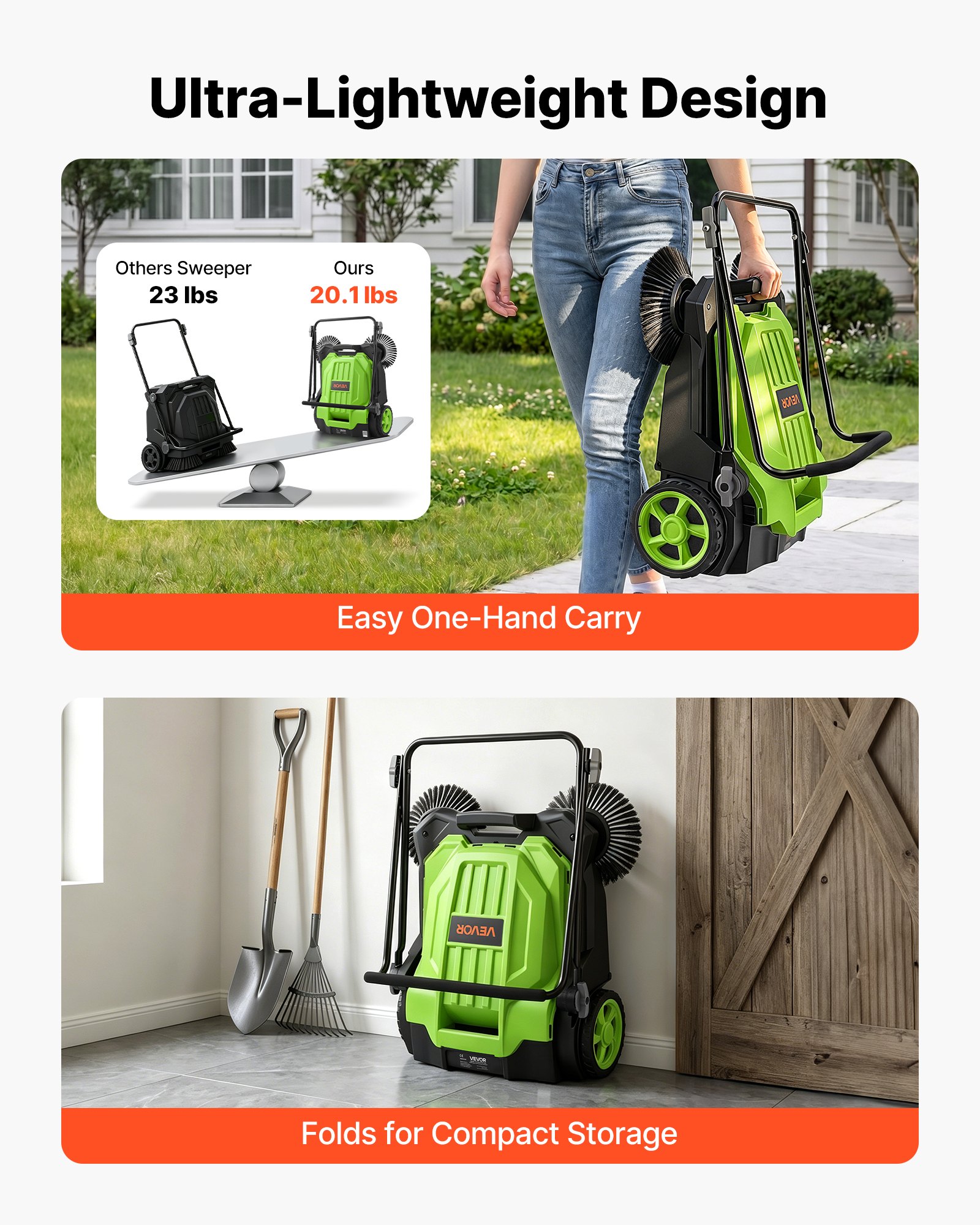 VEVOR Barredora Manual, Ancho de Barrido de 650 mm, Barredora de Empuje sin Cable, con Contenedor de Residuo de 18,9 L, Mango Ergónomico y Ajustable, Limpieza para Jardín Patio Aceras, Color Verde