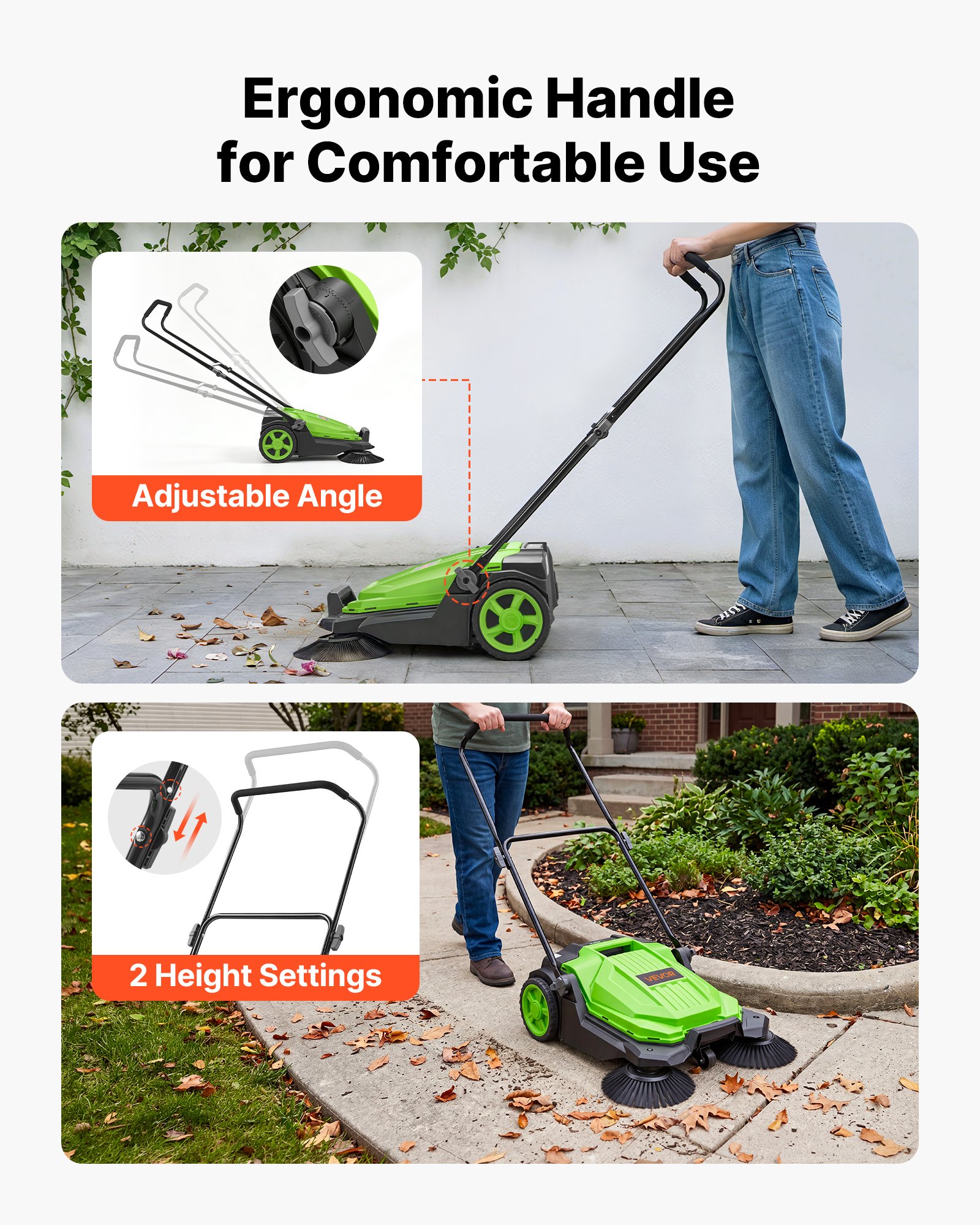 VEVOR Barredora Manual, Ancho de Barrido de 650 mm, Barredora de Empuje sin Cable, con Contenedor de Residuo de 18,9 L, Mango Ergónomico y Ajustable, Limpieza para Jardín Patio Aceras, Color Verde