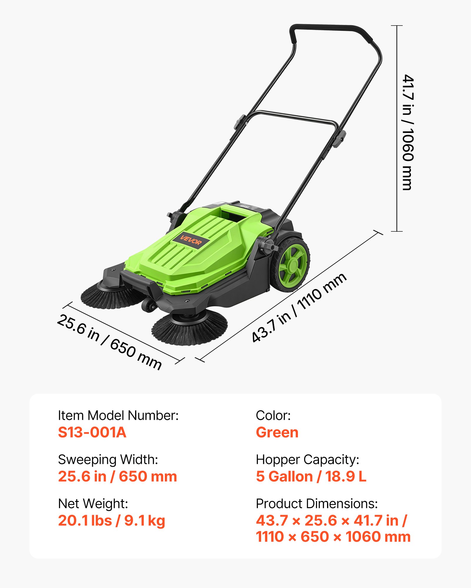 VEVOR Barredora Manual, Ancho de Barrido de 650 mm, Barredora de Empuje sin Cable, con Contenedor de Residuo de 18,9 L, Mango Ergónomico y Ajustable, Limpieza para Jardín Patio Aceras, Color Verde
