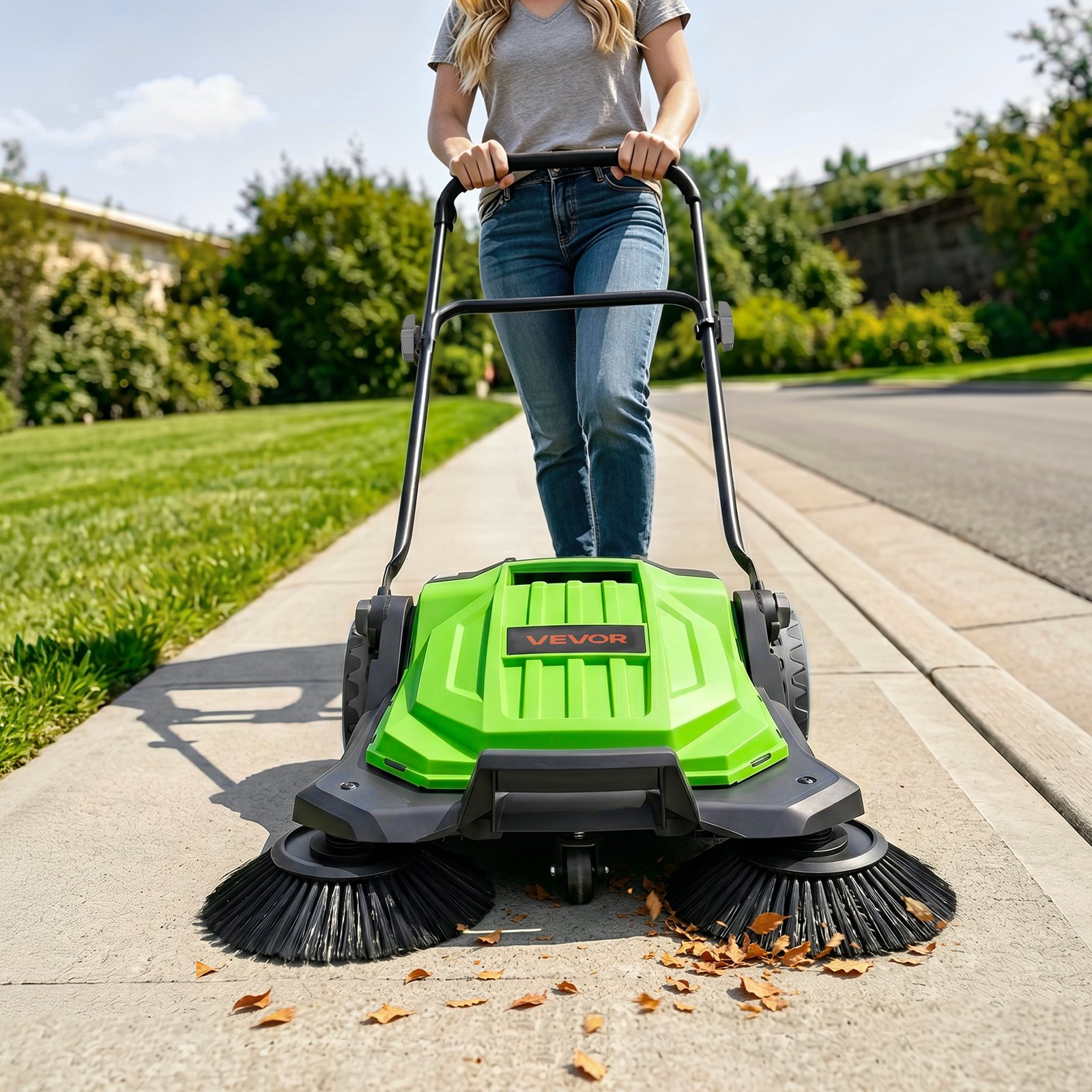 VEVOR Barredora Manual, Ancho de Barrido de 650 mm, Barredora de Empuje sin Cable, con Contenedor de Residuo de 18,9 L, Mango Ergónomico y Ajustable, Limpieza para Jardín Patio Aceras, Color Verde