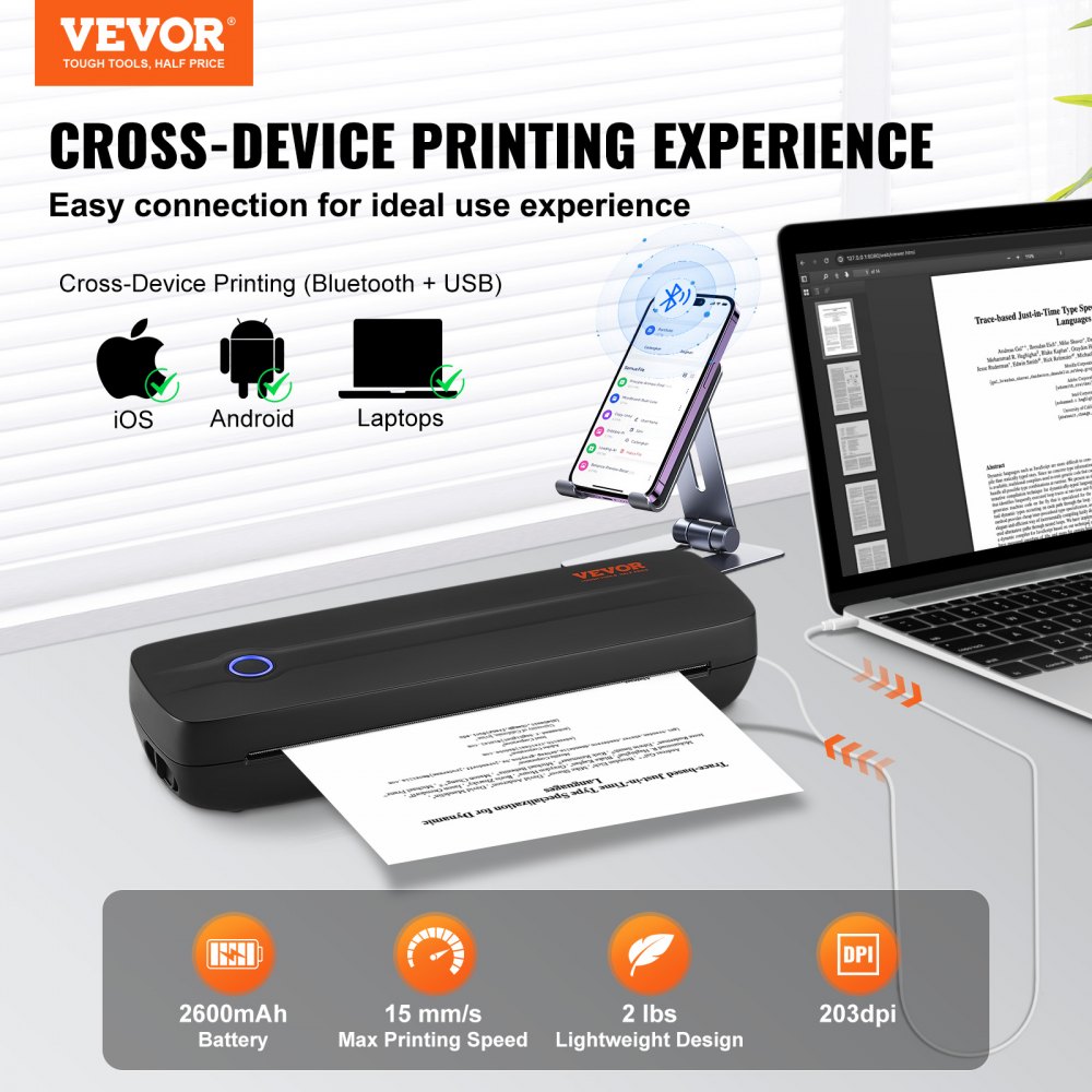VEVOR Impresora Portátil Batería de 2600 mAh 203 DPI, Impresora Móvil sin Tinta con Bluetooth para Papel Térmico A4, A5, Compatible con iOS, Android y Portátiles para Viajes, Oficina y Uso Doméstico