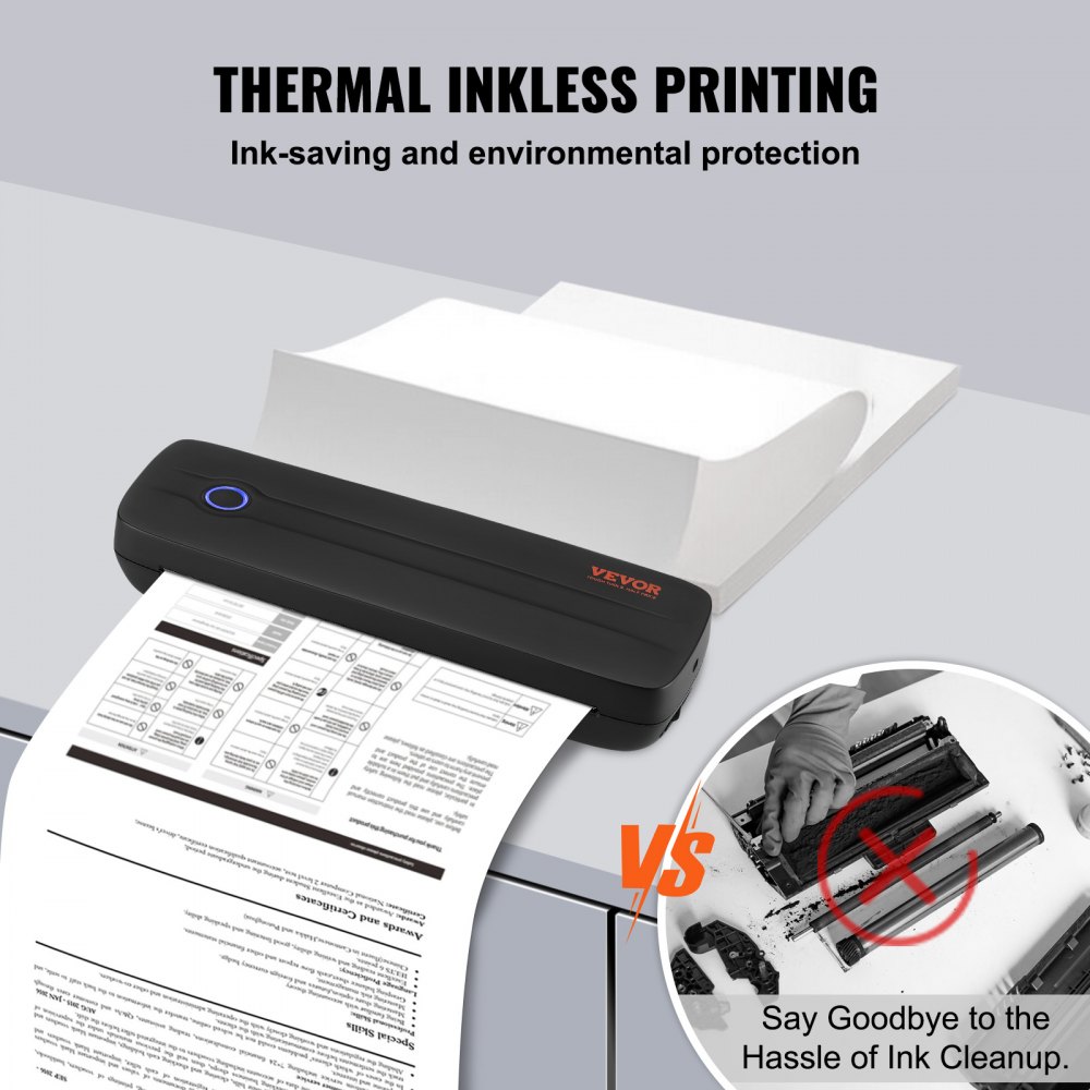 VEVOR Impresora Portátil Batería de 2600 mAh 203 DPI, Impresora Móvil sin Tinta con Bluetooth para Papel Térmico A4, A5, Compatible con iOS, Android y Portátiles para Viajes, Oficina y Uso Doméstico