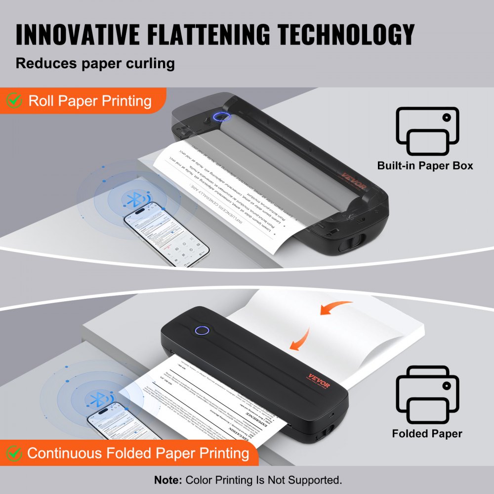 VEVOR Impresora Portátil Batería de 2600 mAh 203 DPI, Impresora Móvil sin Tinta con Bluetooth para Papel Térmico A4, A5, Compatible con iOS, Android y Portátiles para Viajes, Oficina y Uso Doméstico