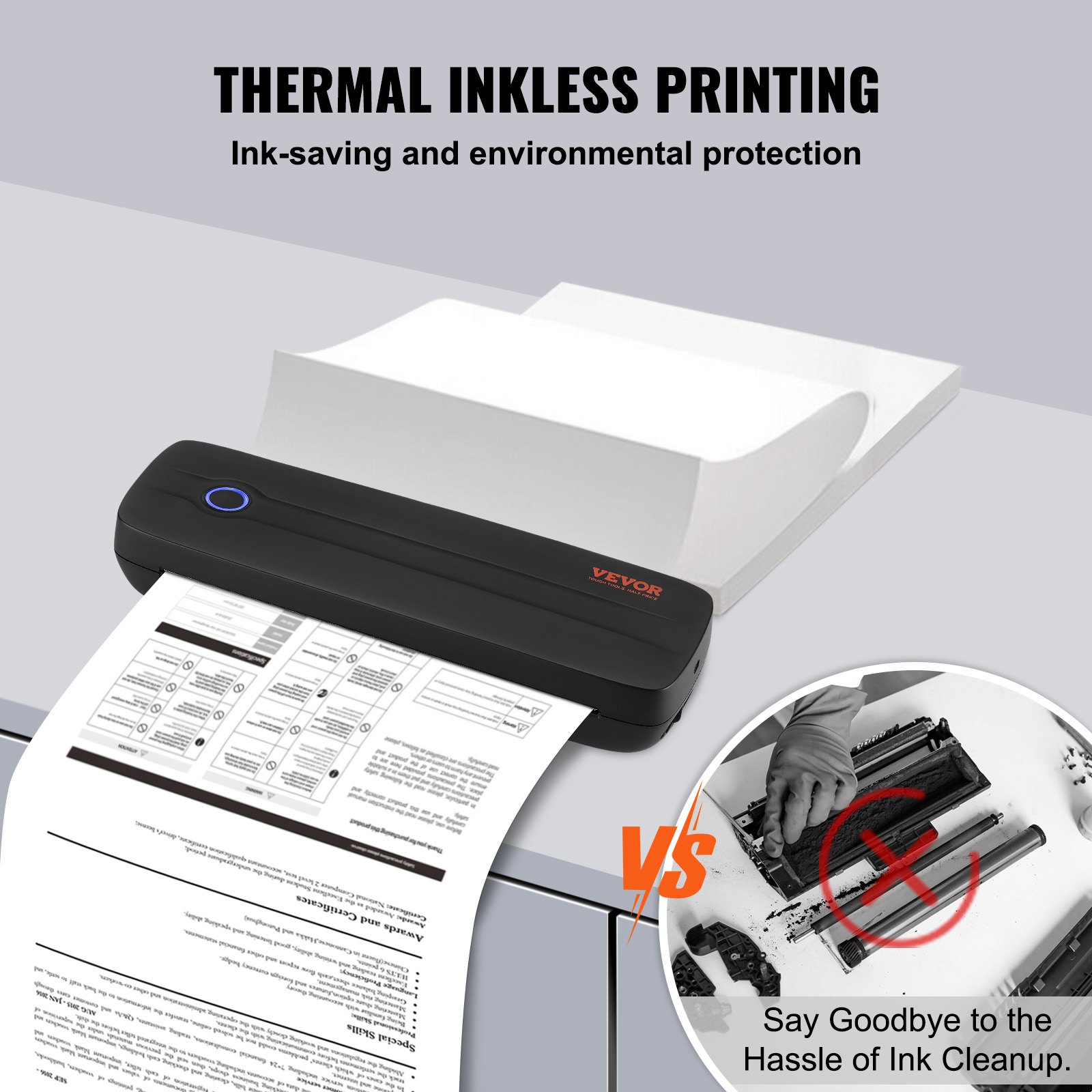 VEVOR Impresora Portátil Batería de 2600 mAh 203 DPI, Impresora Móvil sin Tinta con Bluetooth para Papel Térmico A4, A5, Compatible con iOS, Android y Portátiles para Viajes, Oficina y Uso Doméstico