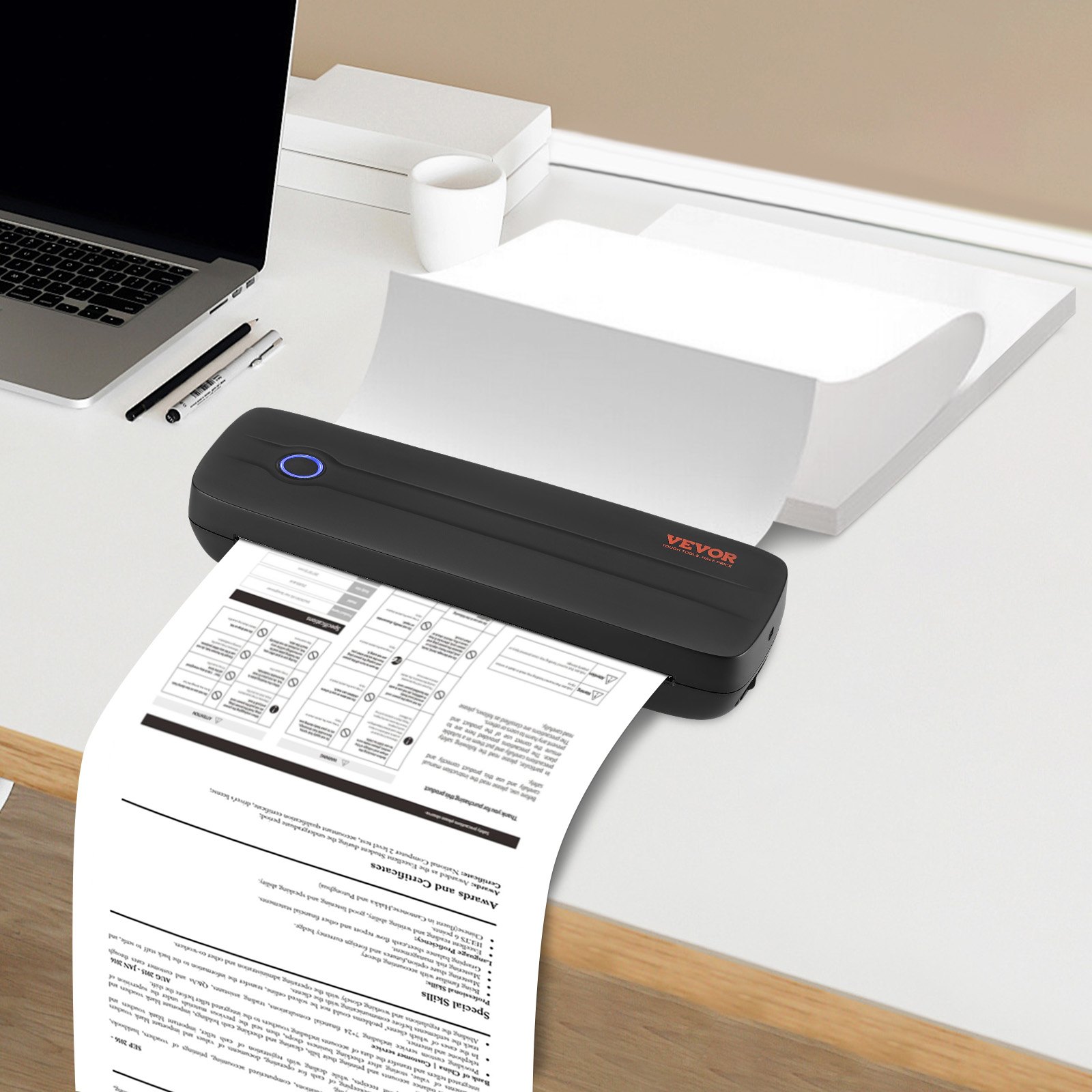 VEVOR Impresora Portátil Batería de 2600 mAh 203 DPI, Impresora Móvil sin Tinta con Bluetooth para Papel Térmico A4, A5, Compatible con iOS, Android y Portátiles para Viajes, Oficina y Uso Doméstico