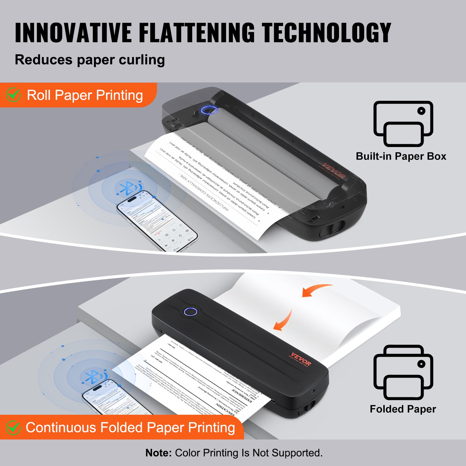 VEVOR Impresora Portátil de 290 x 90 x 60 mm 300 DPI, Impresora Móvil sin Tinta con Bluetooth para Papel Térmico A4, A5, Compatible con iOS, Android y Portátiles para Viajes, Oficina y Uso Doméstico