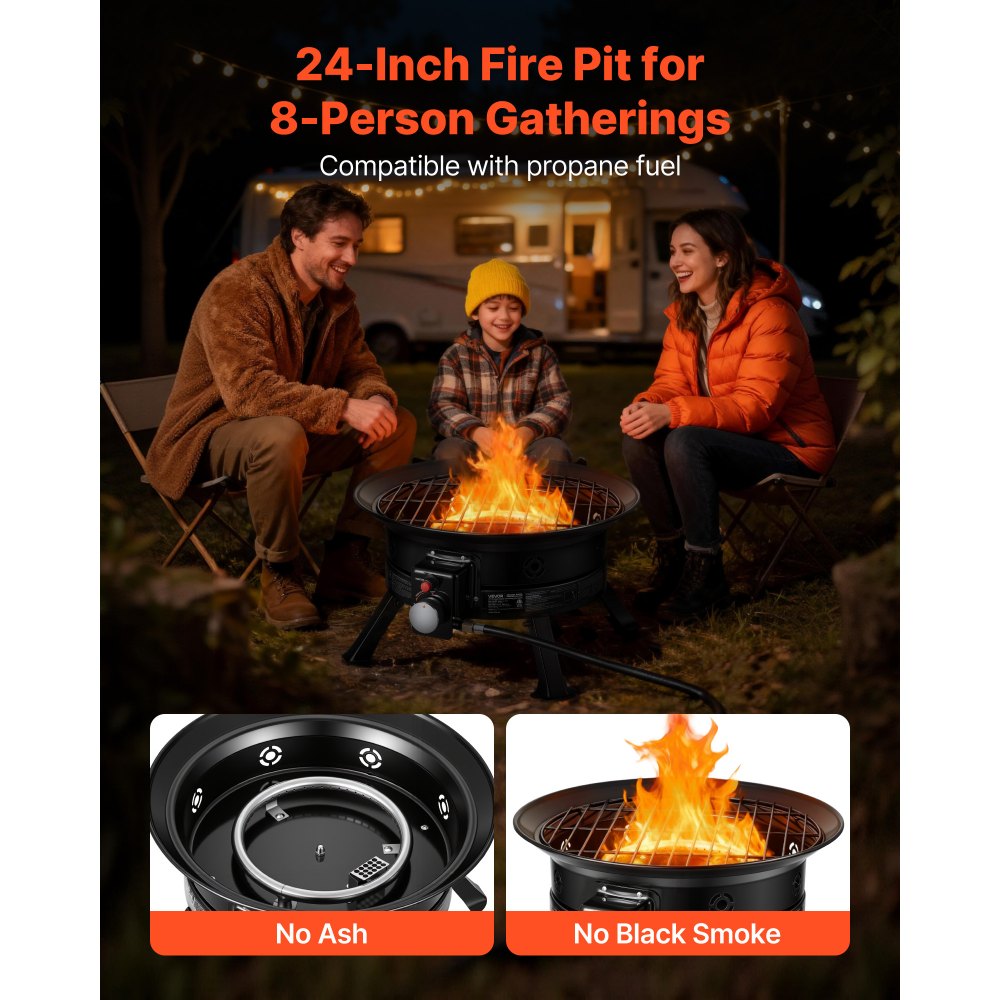 VEVOR Brasero de Gas Propano Portátil 60,5 cm 53000 BTU con Parrilla, Piedras Volcánicas, Patas Plegables, Llama Ajustable, sin Humo, Fogata de Propano Portátil para Camping Patio Terraza Playa Viaje