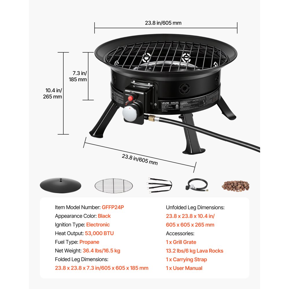 VEVOR Brasero de Gas Propano Portátil 60,5 cm 53000 BTU con Parrilla, Piedras Volcánicas, Patas Plegables, Llama Ajustable, sin Humo, Fogata de Propano Portátil para Camping Patio Terraza Playa Viaje