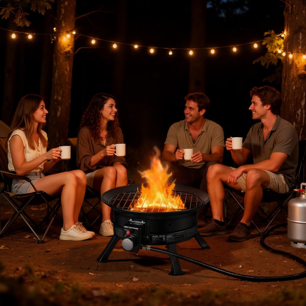 VEVOR Brasero de Gas Propano Portátil 60,5 cm 53000 BTU con Parrilla, Piedras Volcánicas, Patas Plegables, Llama Ajustable, sin Humo, Fogata de Propano Portátil para Camping Patio Terraza Playa Viaje