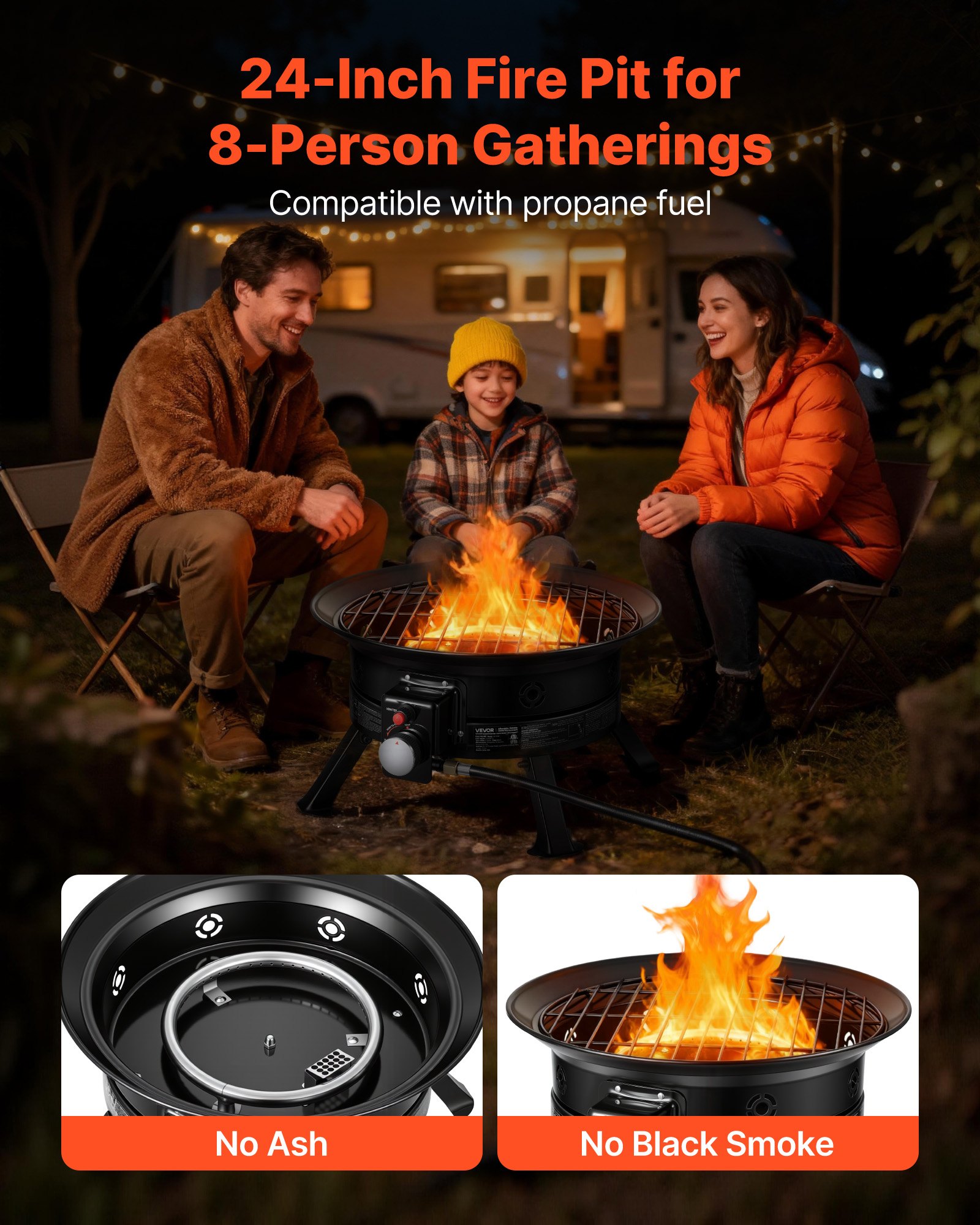 VEVOR Brasero de Gas Propano Portátil 60,5 cm 53000 BTU con Parrilla, Piedras Volcánicas, Patas Plegables, Llama Ajustable, sin Humo, Fogata de Propano Portátil para Camping Patio Terraza Playa Viaje