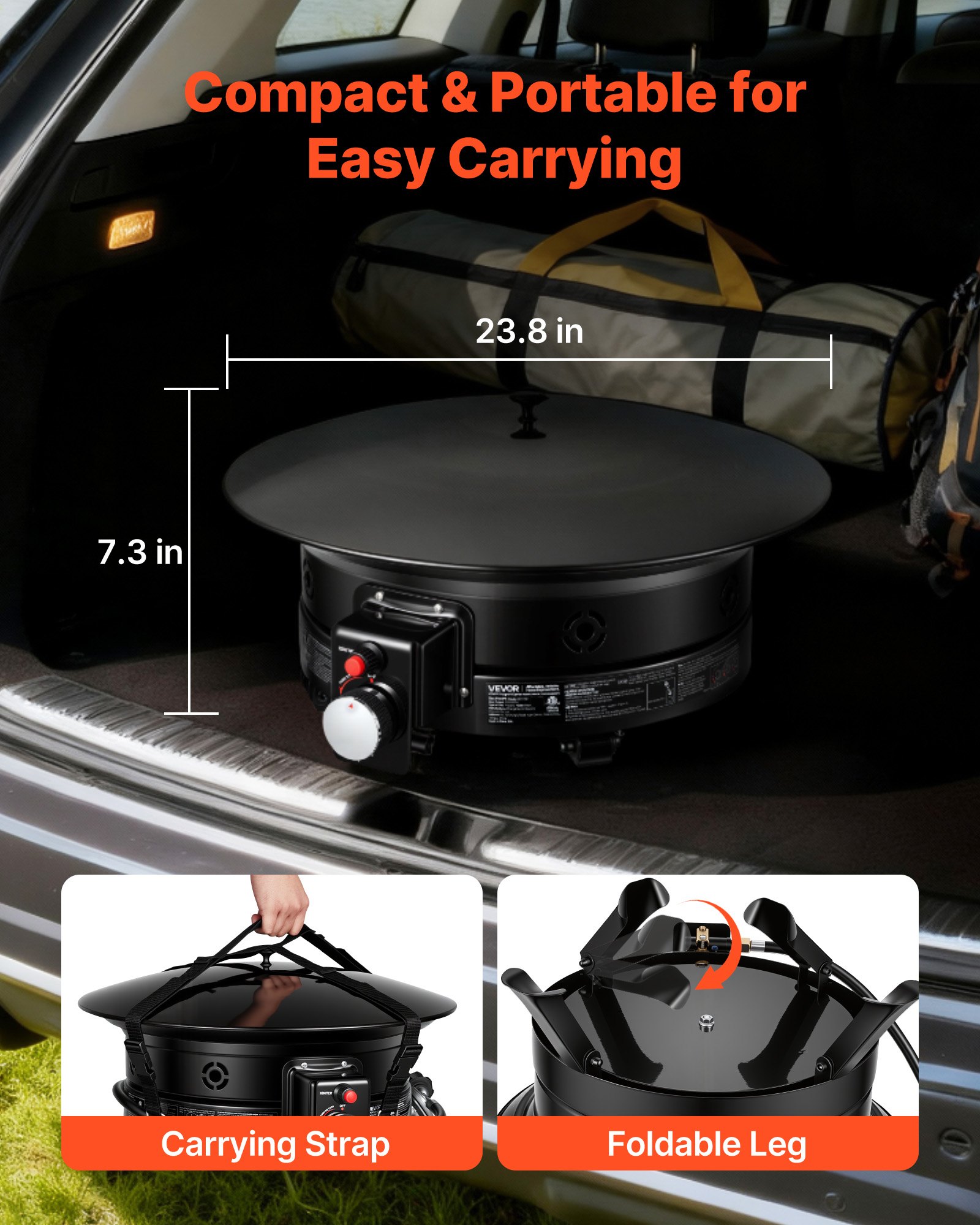 VEVOR Brasero de Gas Propano Portátil 60,5 cm 53000 BTU con Parrilla, Piedras Volcánicas, Patas Plegables, Llama Ajustable, sin Humo, Fogata de Propano Portátil para Camping Patio Terraza Playa Viaje