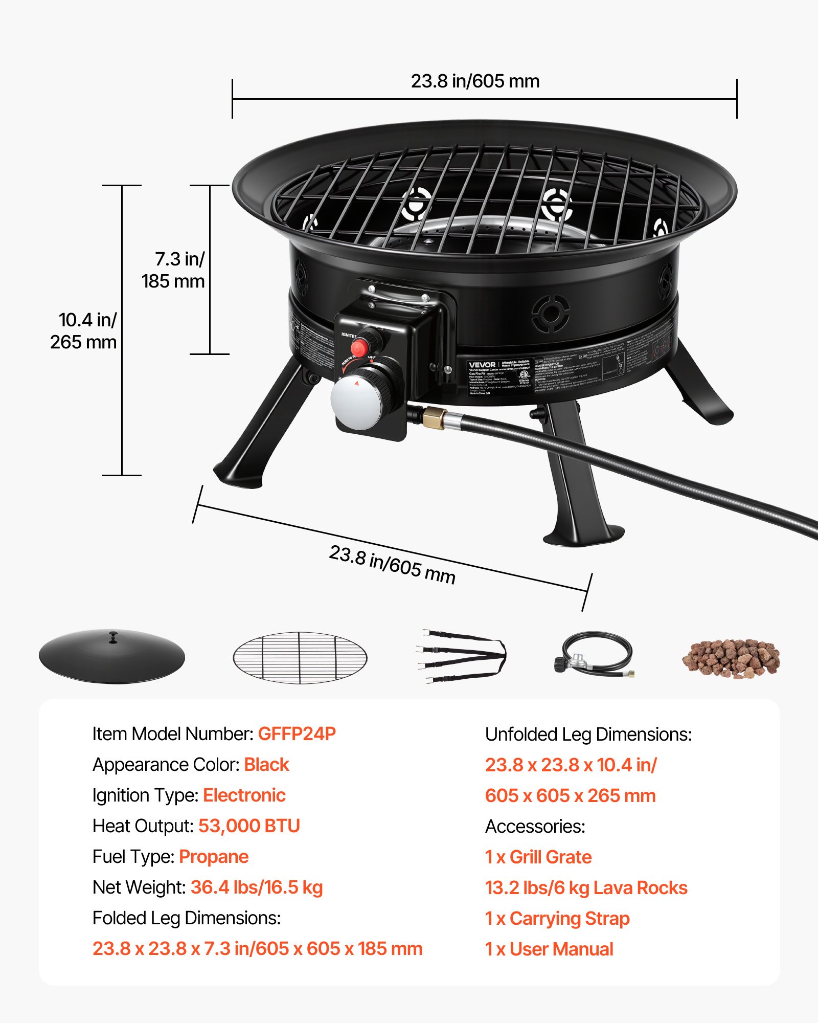 VEVOR Brasero de Gas Propano Portátil 60,5 cm 53000 BTU con Parrilla, Piedras Volcánicas, Patas Plegables, Llama Ajustable, sin Humo, Fogata de Propano Portátil para Camping Patio Terraza Playa Viaje