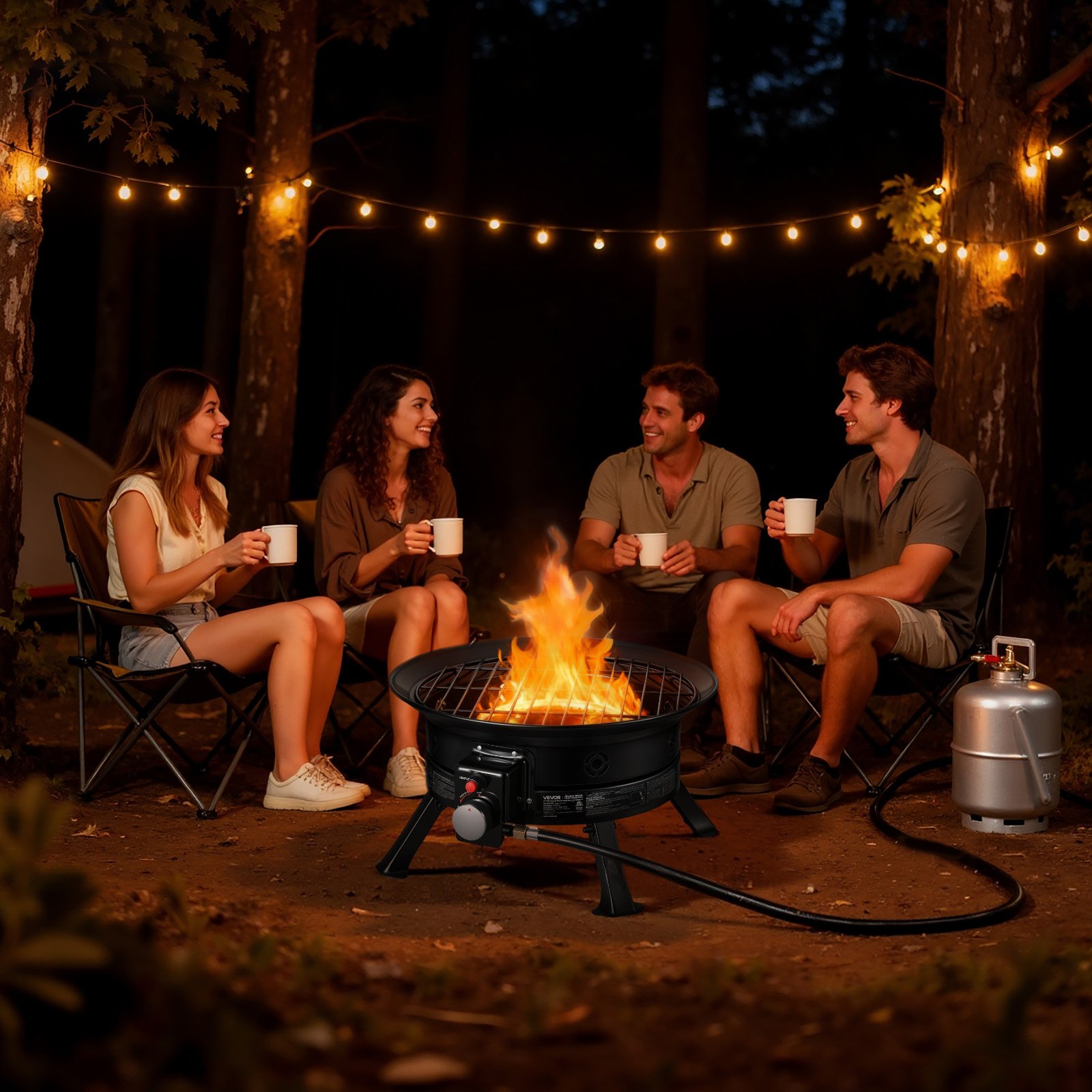 VEVOR Brasero de Gas Propano Portátil 60,5 cm 53000 BTU con Parrilla, Piedras Volcánicas, Patas Plegables, Llama Ajustable, sin Humo, Fogata de Propano Portátil para Camping Patio Terraza Playa Viaje
