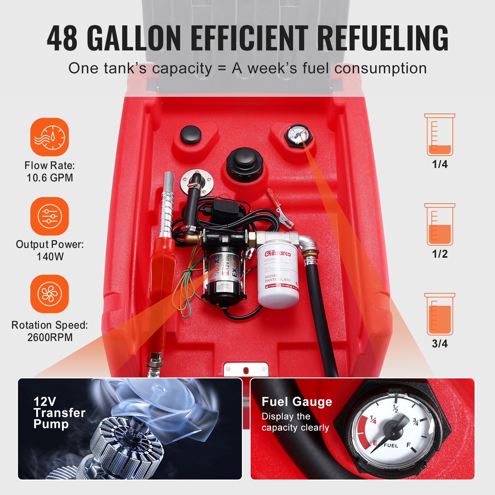 VEVOR Depósito Portátil de Gasolina Diesel 182 L Tanque de Repostaje de Combustible Bomba de Transferencia de 12 V 40 L/min Manguera de 4 m Boquilla de Repostaje Automático para Vehículos, Rojo