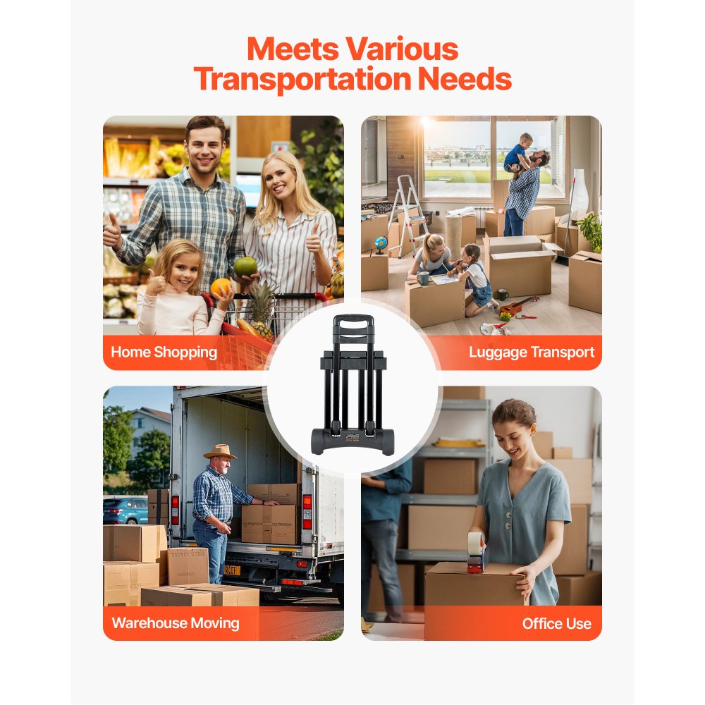 VEVOR Carretilla de Mano Plegable, Carrito de Equipaje Plegable con 4 Ruedas, 2 Cuerdas Elástica y Base Expandible Carga de 131,5 kg para Equipaje de Viaje, Aeropuerto, Oficina, Mudanza, Negro