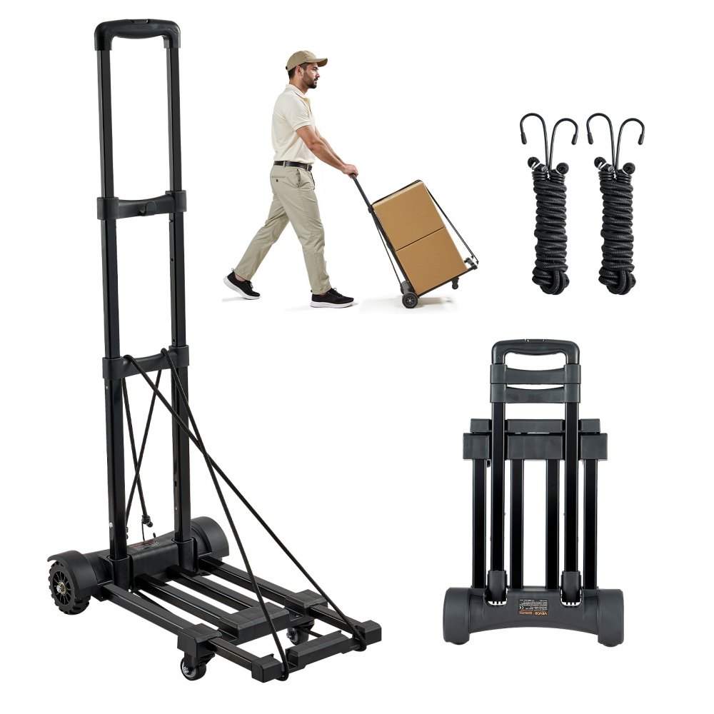 VEVOR Carretilla de Mano Plegable, Carrito de Equipaje Plegable con 4 Ruedas, 2 Cuerdas Elástica y Base Expandible Carga de 131,5 kg para Equipaje de Viaje, Aeropuerto, Oficina, Mudanza, Negro