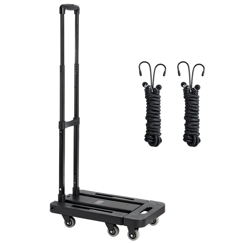 VEVOR Carretilla de Mano Plegable, Carrito de Equipaje Plegable con 6 Ruedas, 2 Cuerdas Elásticas y Base Expandible Carga de 226,8 kg para Equipaje de Viaje, Aeropuerto, Oficina, Mudanza, Negro