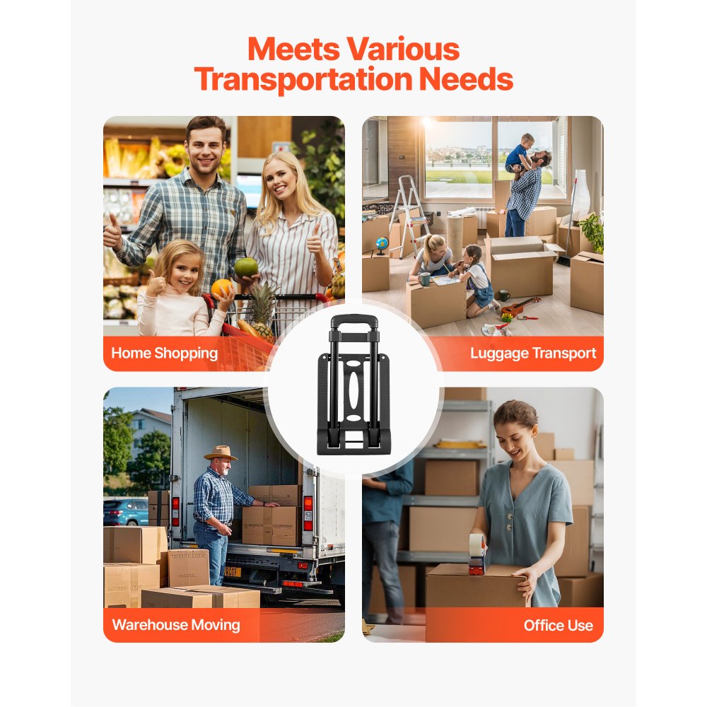 VEVOR Carretilla de Mano Plegable, Carrito de Equipaje Plegable con 2 Ruedas y 1 Cuerda Elástica Carrito de Plataforma Utilitario Carga de 49,9 kg para Equipaje de Viaje, Aeropuerto, Mudanza, Negro