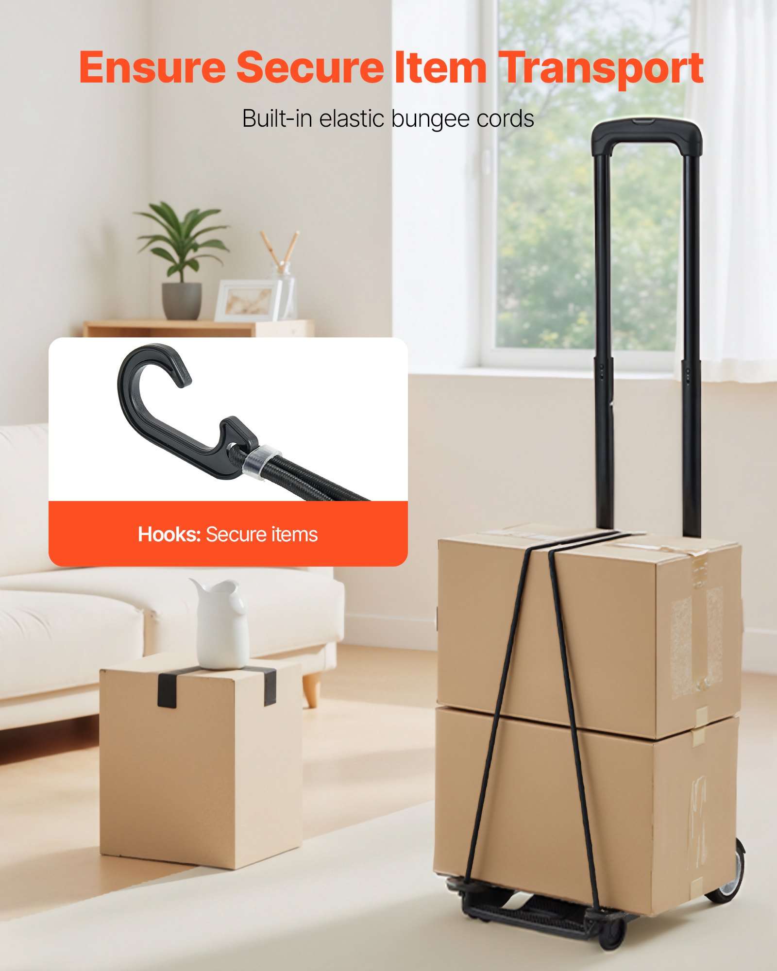 VEVOR Carretilla de Mano Plegable, Carrito de Equipaje Plegable con 2 Ruedas y 1 Cuerda Elástica Carrito de Plataforma Utilitario Carga de 49,9 kg para Equipaje de Viaje, Aeropuerto, Mudanza, Negro