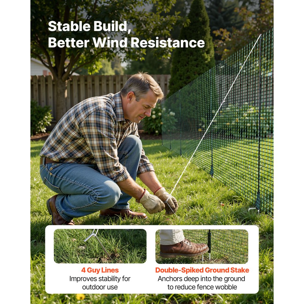 VEVOR Valla de Pollos y Perros, 1,2 m x 15 m, Red de Seguridad para Jardines y Huertos, con Postes y Estacas de Doble Punta, Malla Plástica de Protección para Aves de Corral Cría de Animales, Verde