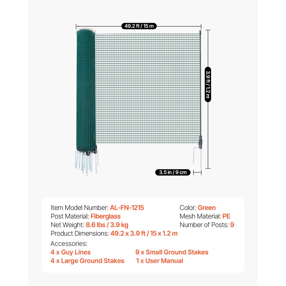 VEVOR Valla de Pollos y Perros, 1,2 m x 15 m, Red de Seguridad para Jardines y Huertos, con Postes y Estacas de Doble Punta, Malla Plástica de Protección para Aves de Corral Cría de Animales, Verde