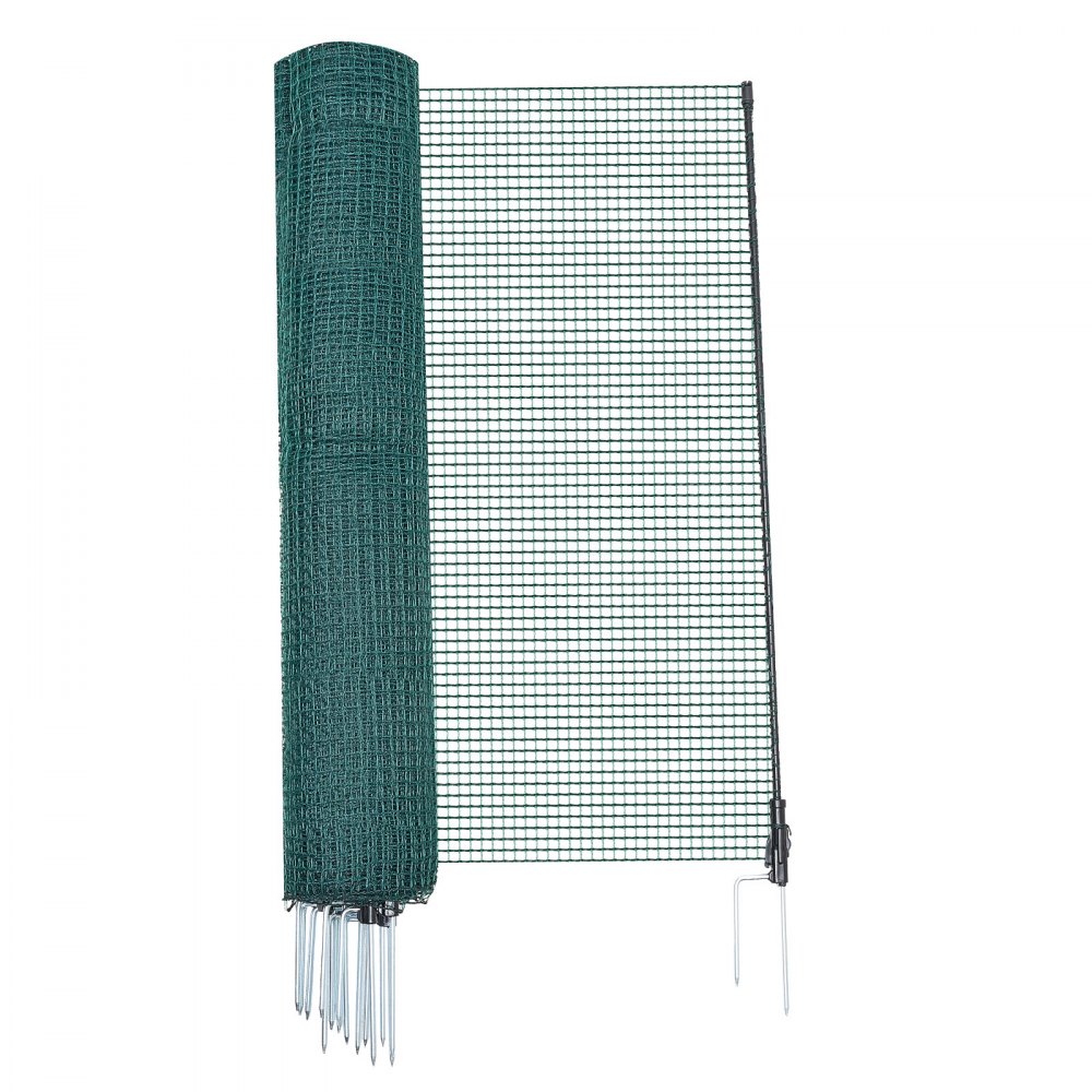 VEVOR Valla de Pollos y Perros, 1,2 m x 15 m, Red de Seguridad para Jardines y Huertos, con Postes y Estacas de Doble Punta, Malla Plástica de Protección para Aves de Corral Cría de Animales, Verde