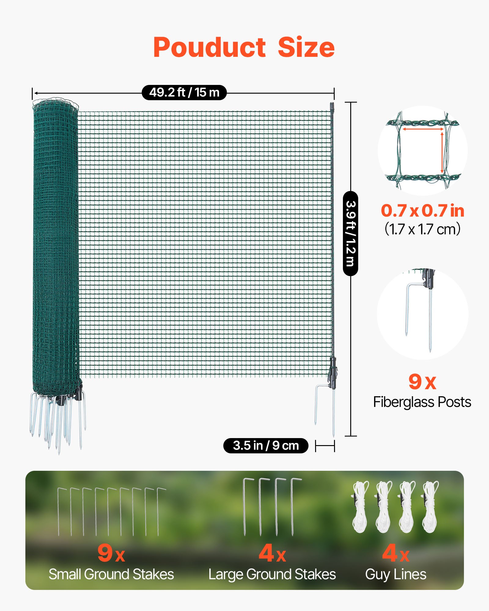 VEVOR Valla de Pollos y Perros, 1,2 m x 15 m, Red de Seguridad para Jardines y Huertos, con Postes y Estacas de Doble Punta, Malla Plástica de Protección para Aves de Corral Cría de Animales, Verde
