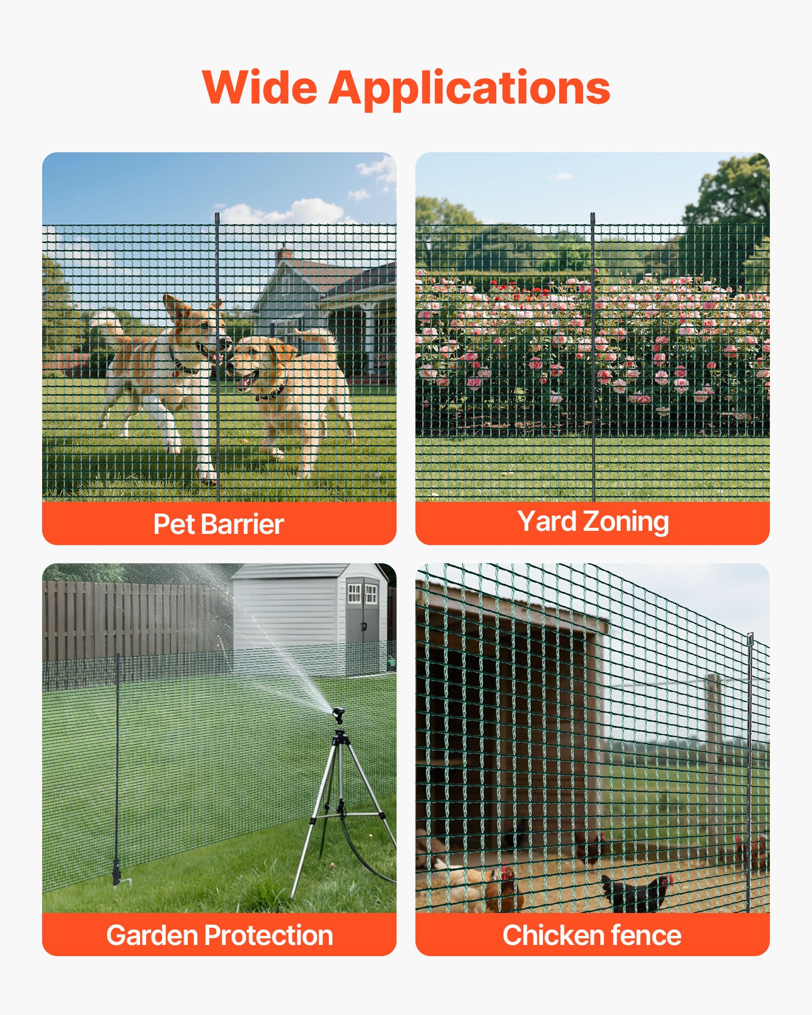 VEVOR Valla de Pollos y Perros, 1,2 m x 15 m, Red de Seguridad para Jardines y Huertos, con Postes y Estacas de Doble Punta, Malla Plástica de Protección para Aves de Corral Cría de Animales, Verde