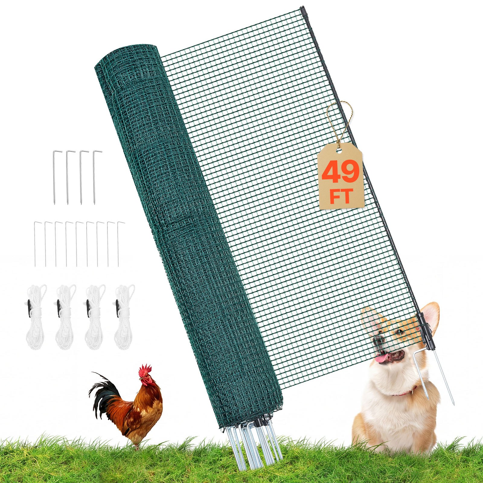 VEVOR Valla de Pollos y Perros, 1,2 m x 15 m, Red de Seguridad para Jardines y Huertos, con Postes y Estacas de Doble Punta, Malla Plástica de Protección para Aves de Corral Cría de Animales, Verde