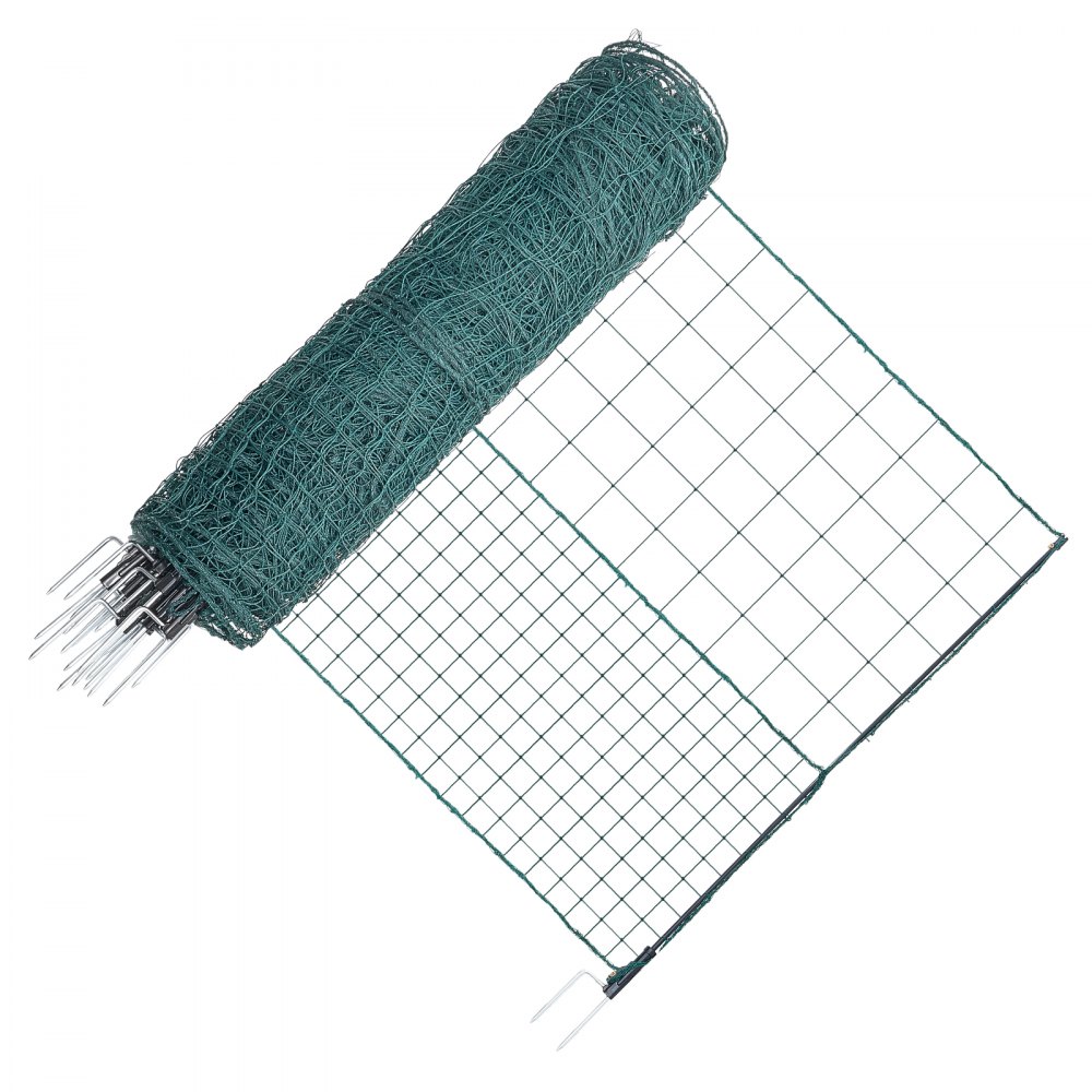 VEVOR Valla de Pollos y Perros, 1,05 m x 50 m, Malla de Protección para Jardines y Huertos, con Postes y Estacas de Doble Punta, Red de Densidad Mezclada, para Cría de Animales Plantas, Color Verde